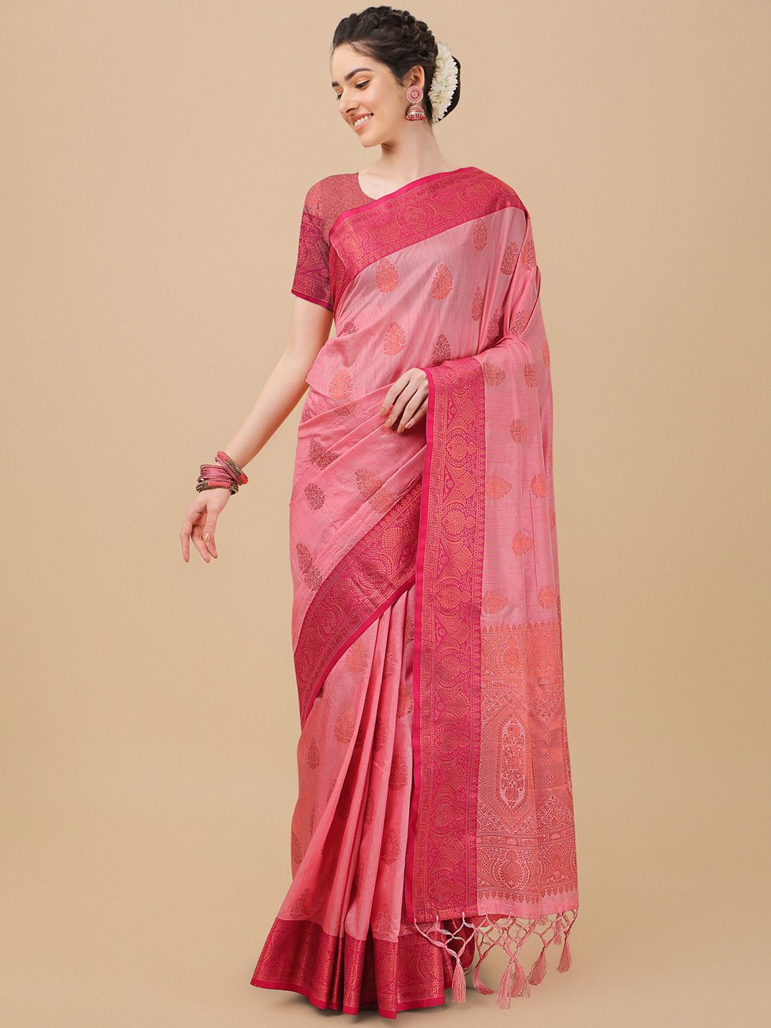

Mitera Pink & Gold-Toned Woven Design Zari Silk Blend Banarasi Saree