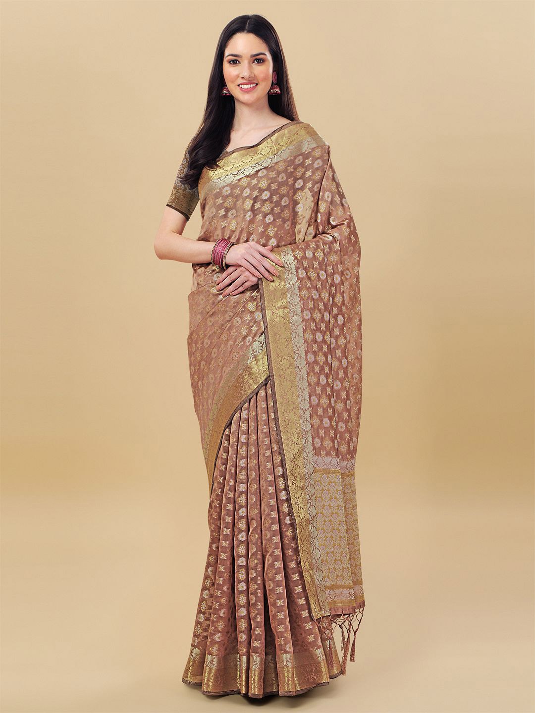 

Mitera Brown & Gold-Toned Woven Design Zari Organza Saree
