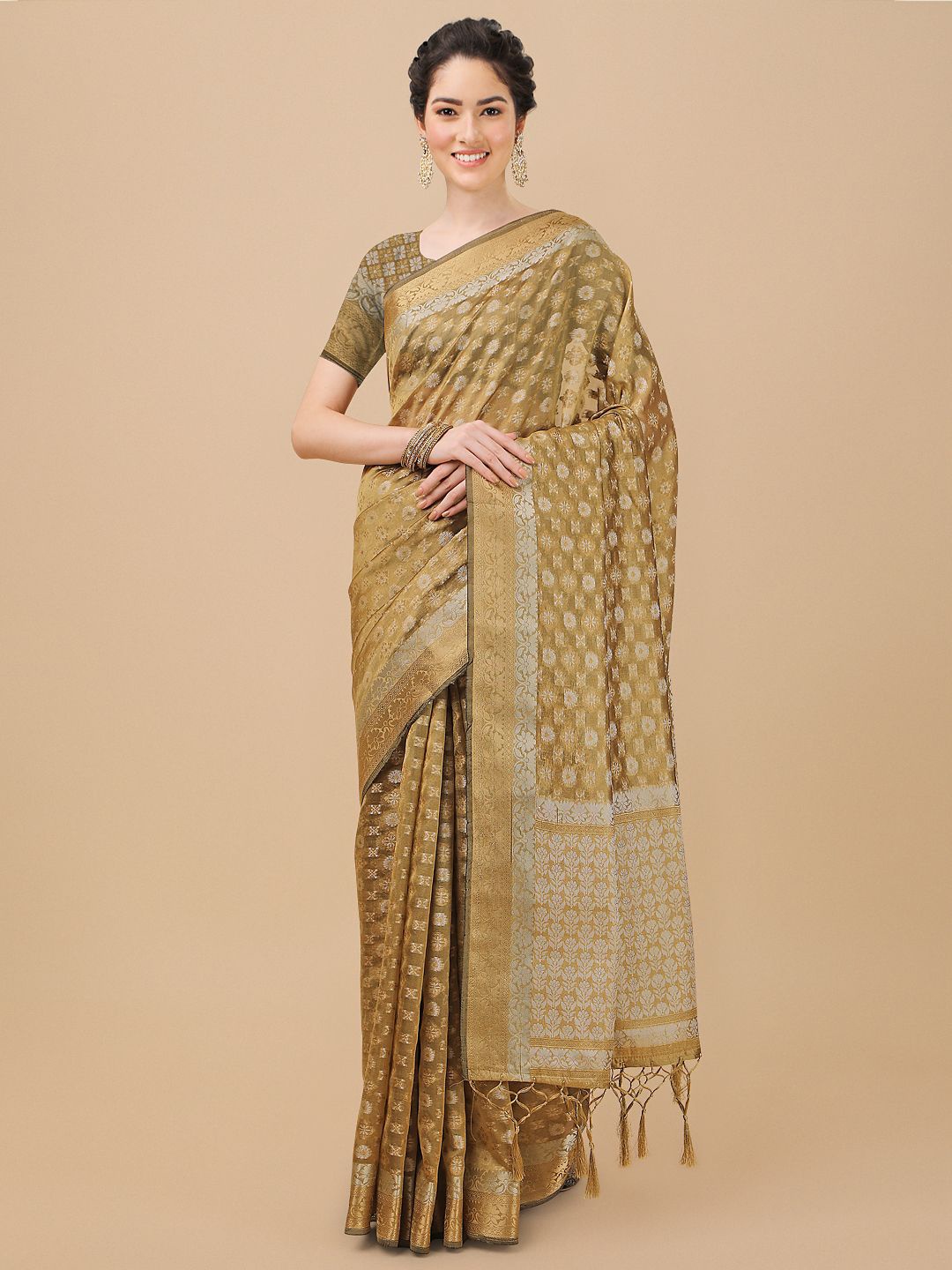 

Mitera Olive Green & Gold-Toned Woven Design Zari Organza Saree