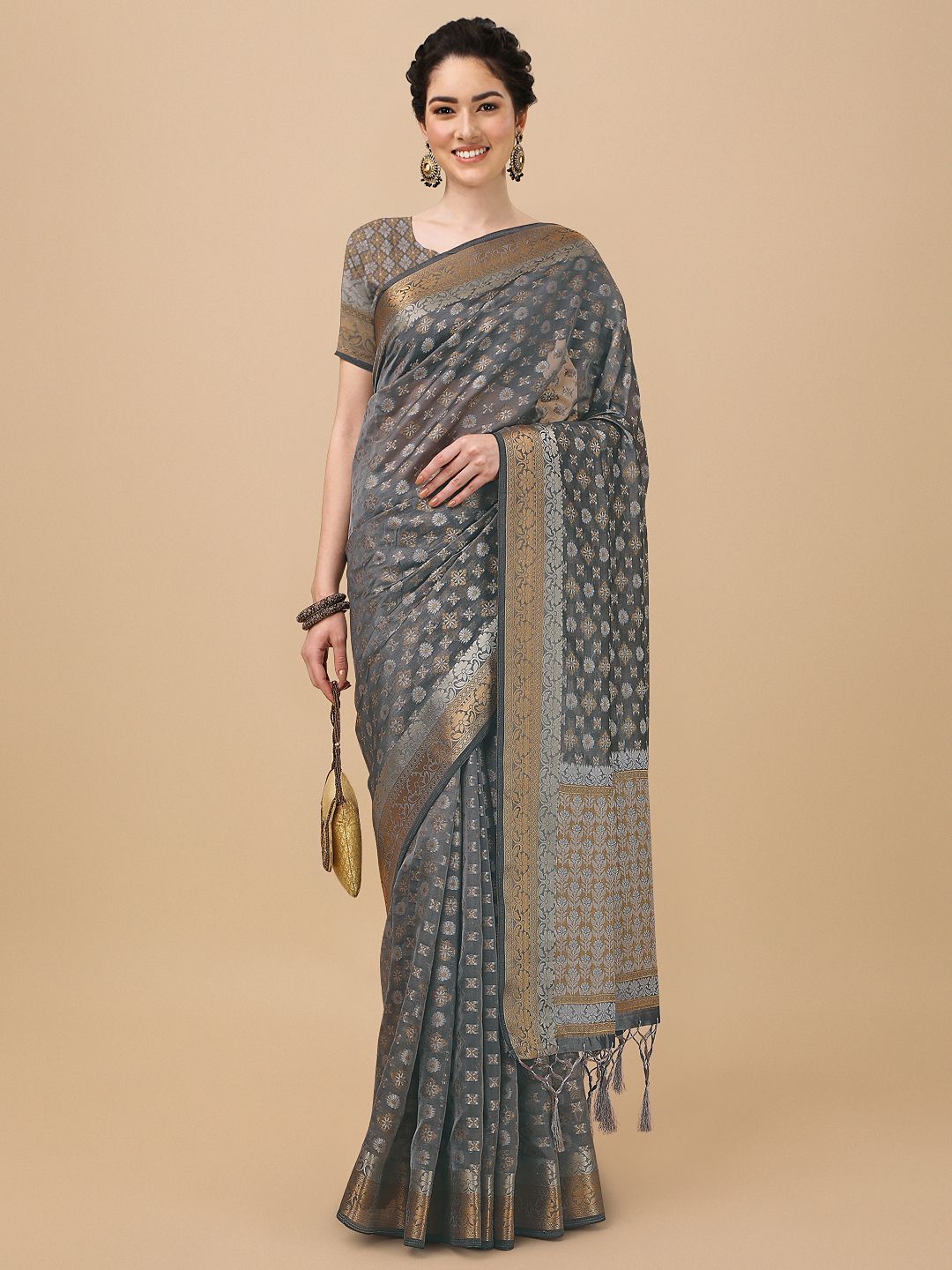 

Mitera Grey & Gold-Toned Woven Design Zari Organza Saree
