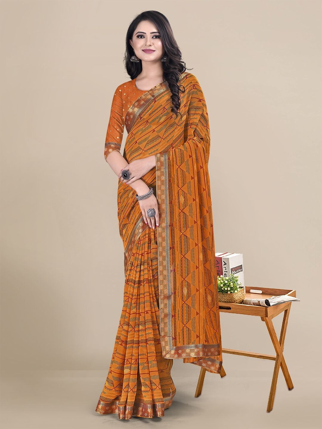 

KALINI Yellow & Red Zari Pure Georgette Saree