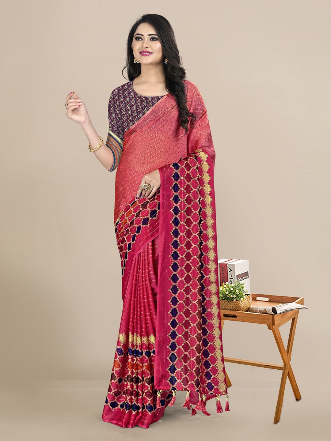 

KALINI Coral & Blue Striped Pure Chiffon Saree
