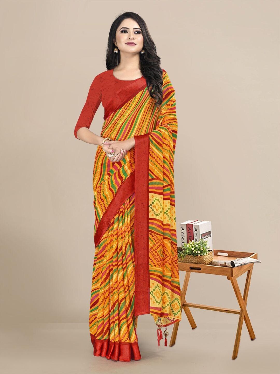 

KALINI Yellow & Maroon Bandhani Pure Chiffon Saree