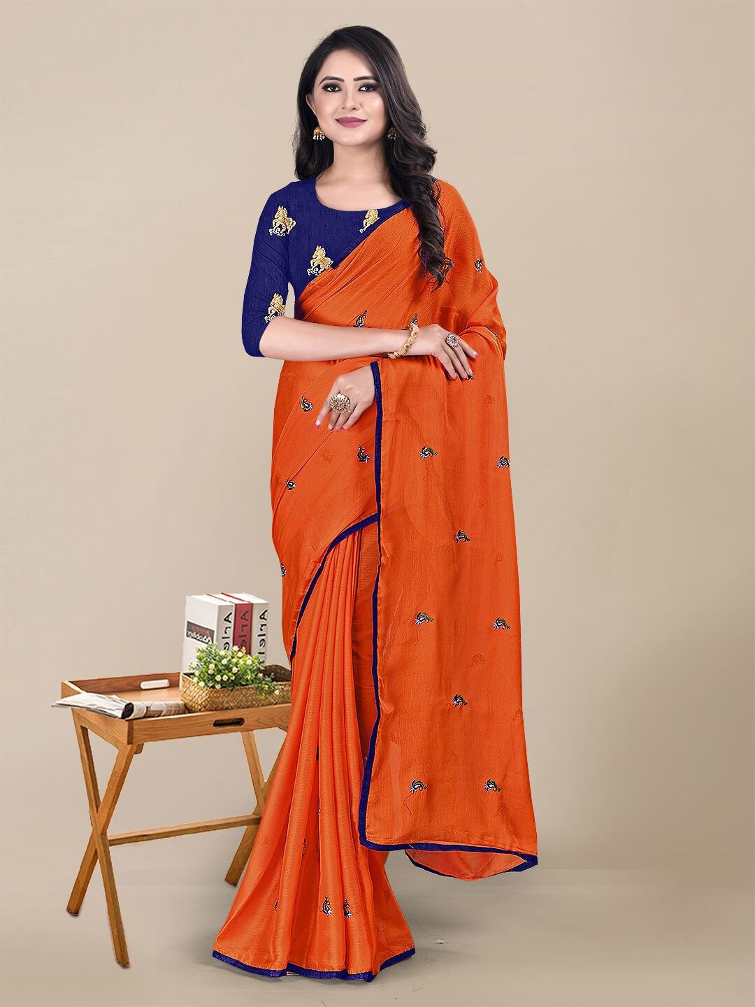 

KALINI Orange & Navy Blue Ethnic Motifs Pure Chiffon Saree