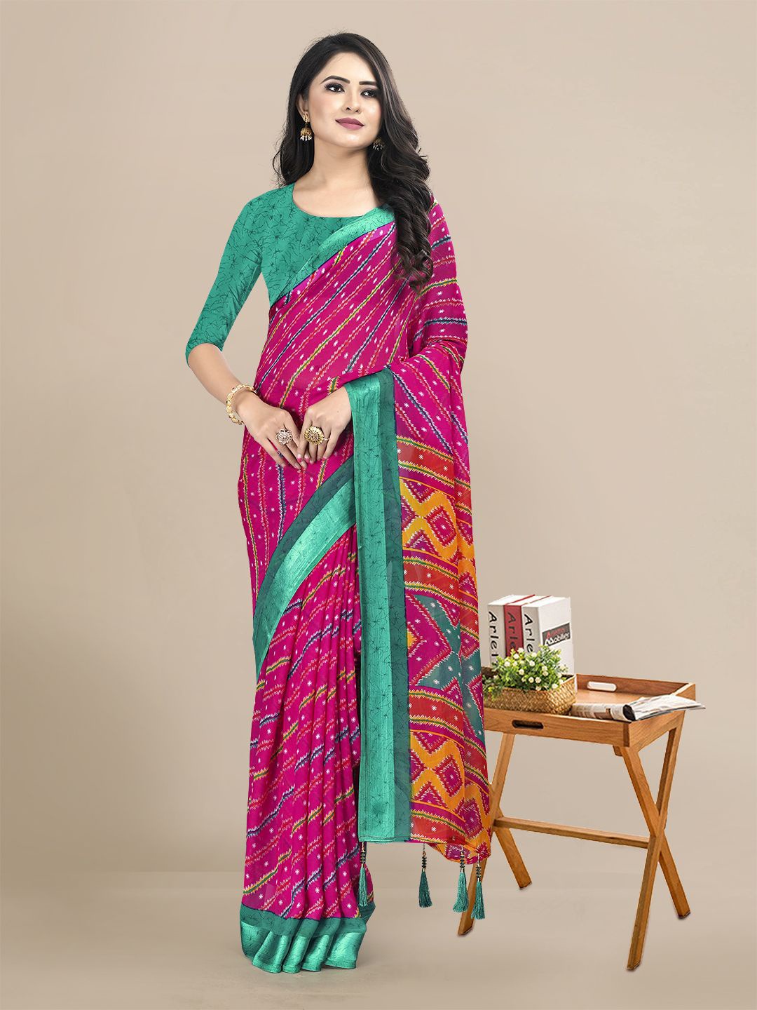 

KALINI Pink & Green Ethnic Motifs Pure Chiffon Saree