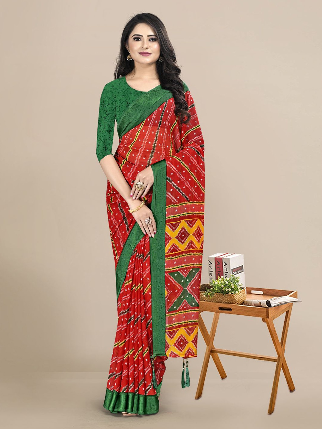 

KALINI Red & Green Pure Chiffon Bandhani Saree