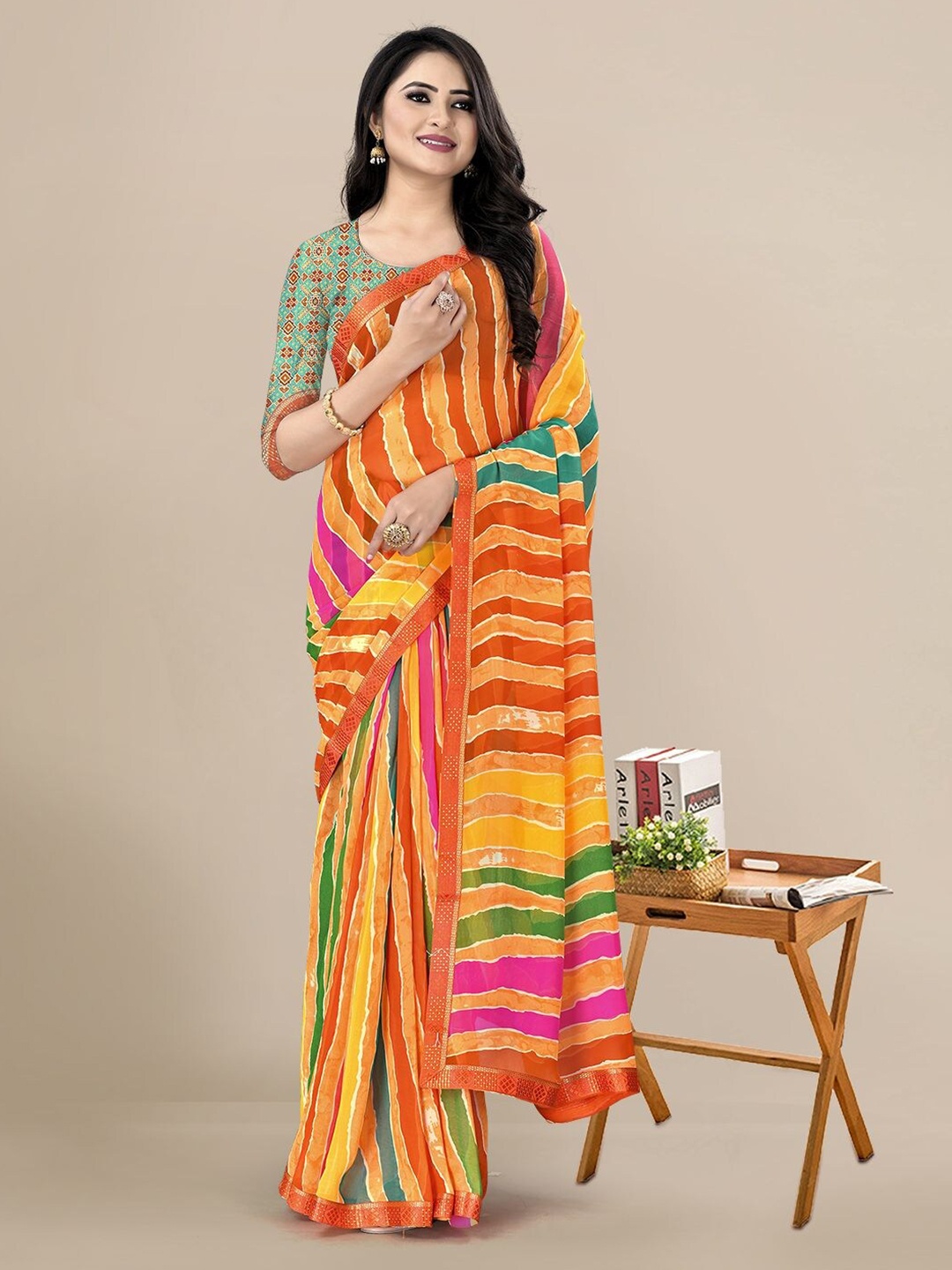 

KALINI Yellow & Orange Leheriya Zari Pure Georgette Leheriya Saree