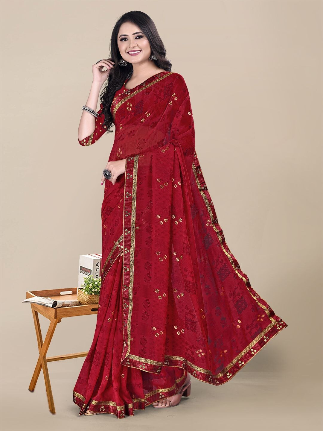 

KALINI Maroon & Gold-Toned Foil Pure Georgette Saree