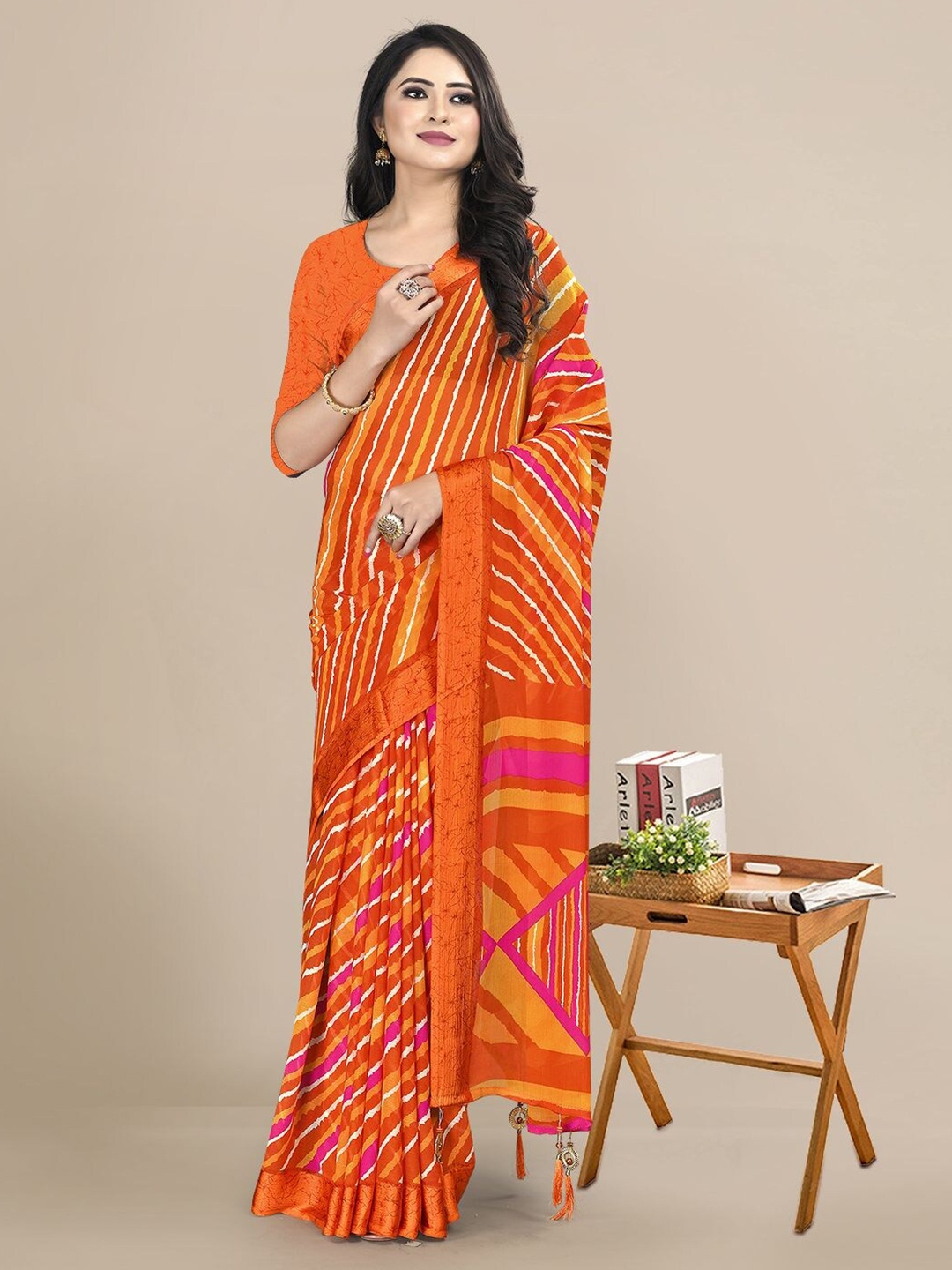 

KALINI Orange & Pink Leheriya Pure Chiffon Saree