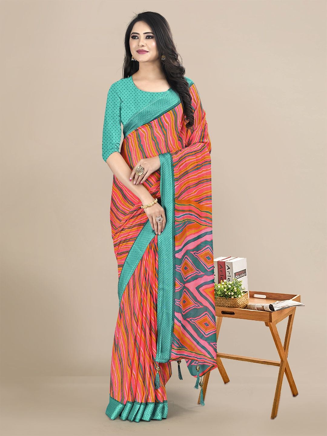 

KALINI Peach-Coloured & Green Printed Pure Chiffon Saree