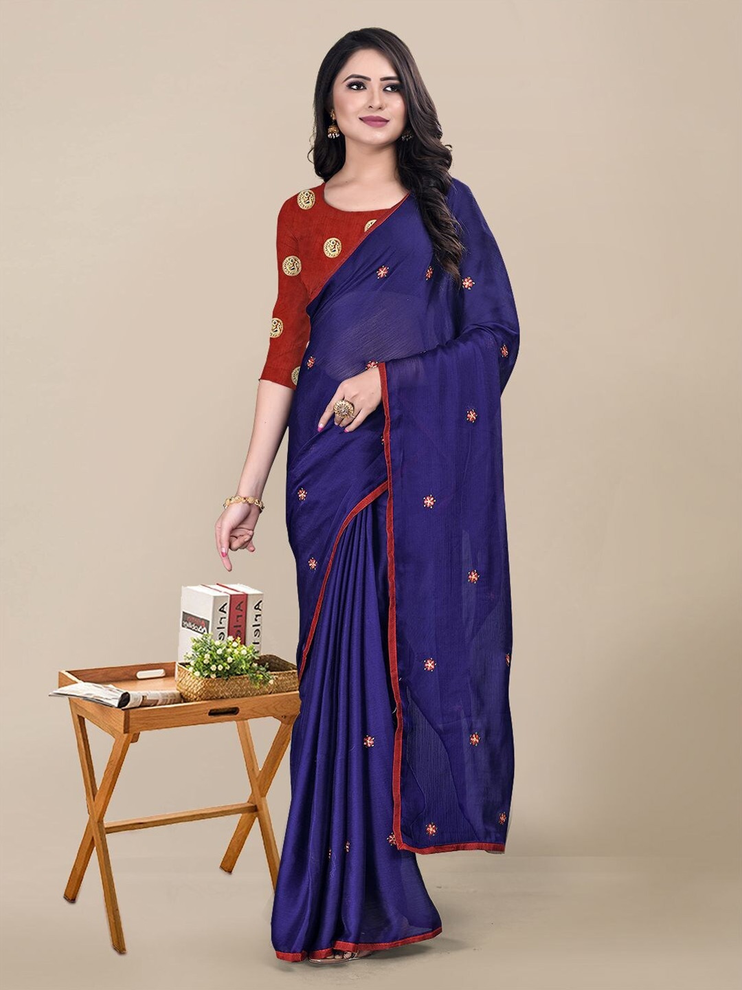 

KALINI Navy Blue & Red Floral Embroidered Pure Chiffon Saree