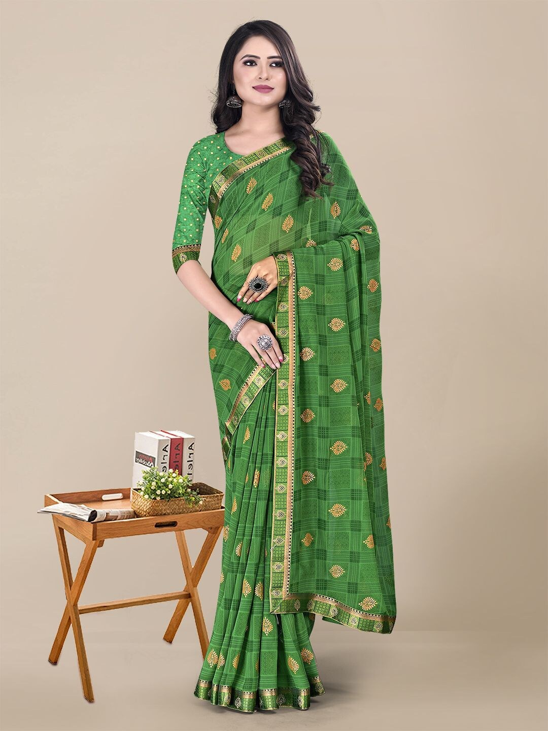 

KALINI Green & Yellow Ethnic Motifs Printed Pure Georgette Saree