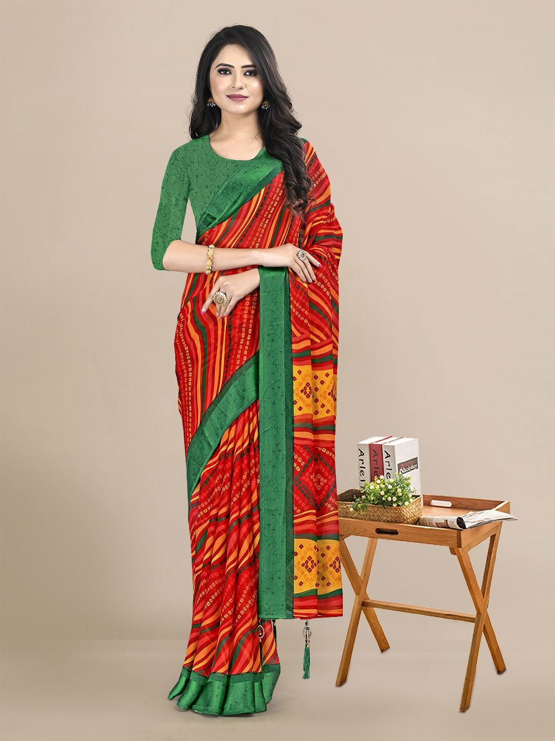 

KALINI Orange & Green Leheriya Pure Chiffon Saree