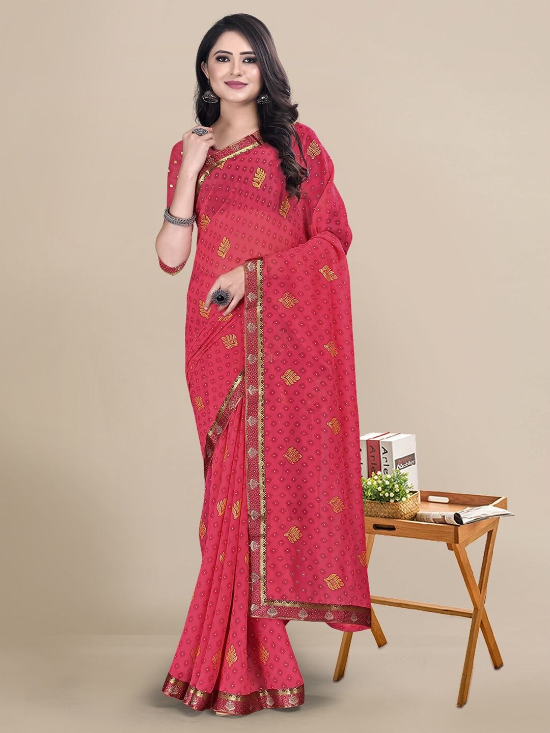 

KALINI Pink & Gold-Toned Ethnic Motifs Zari Pure Georgette Saree