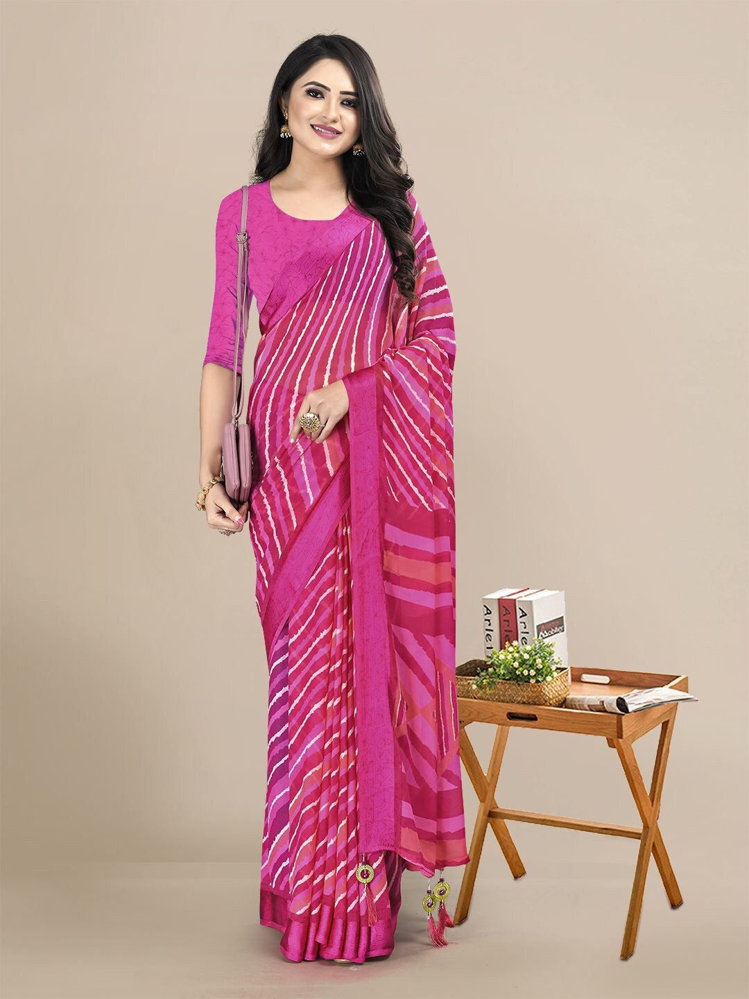 

KALINI Pink & Off White Leheriya Pure Chiffon Saree