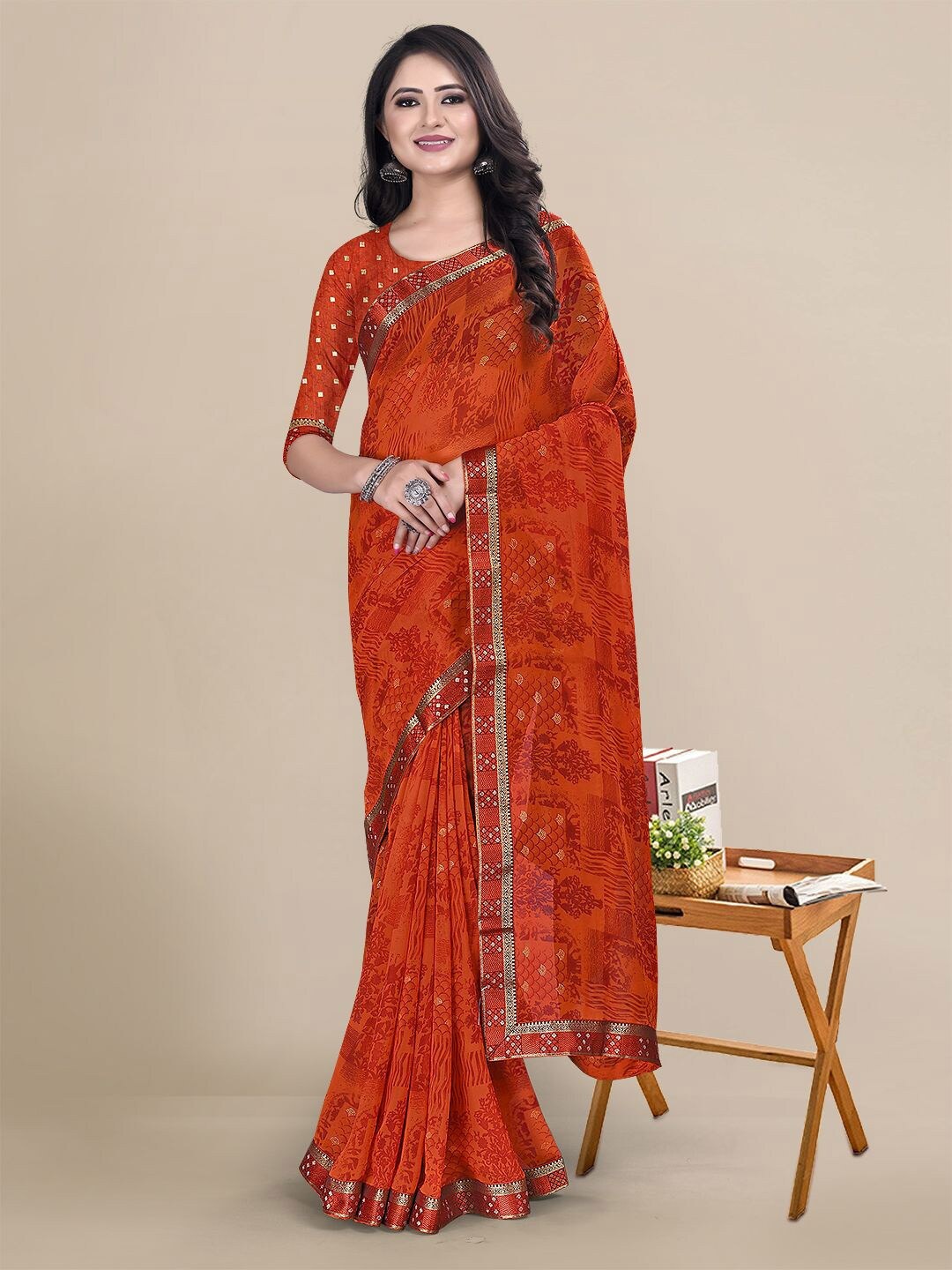 KALINI Orange & Gold-Toned Floral Pure Georgette Saree