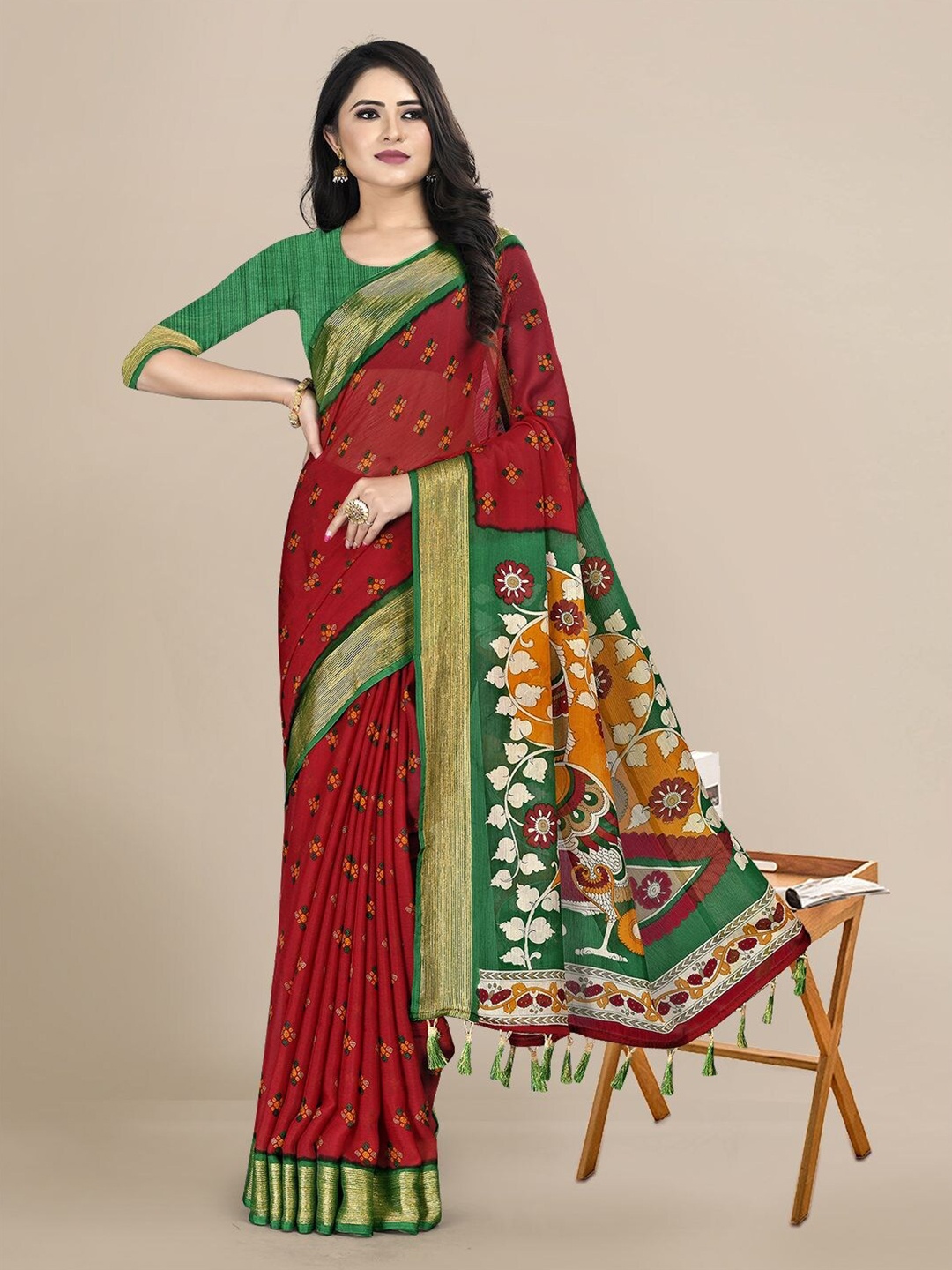 

KALINI Red & Green Floral Zari Pure Chiffon Saree