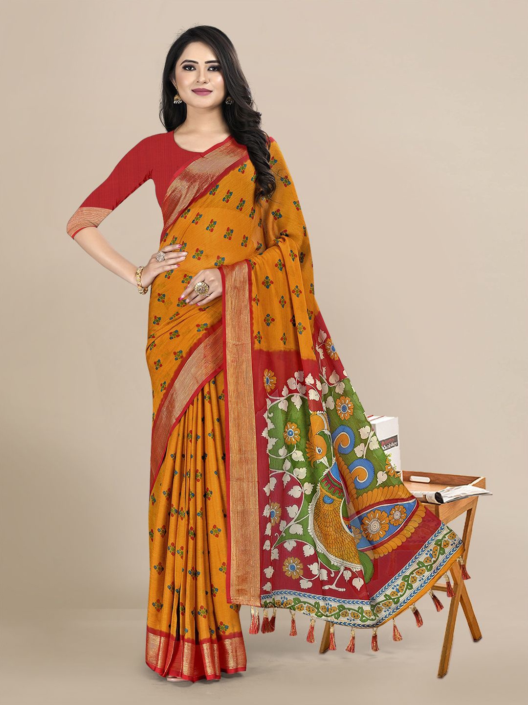 

KALINI Orange & White Floral Pure Chiffon Saree