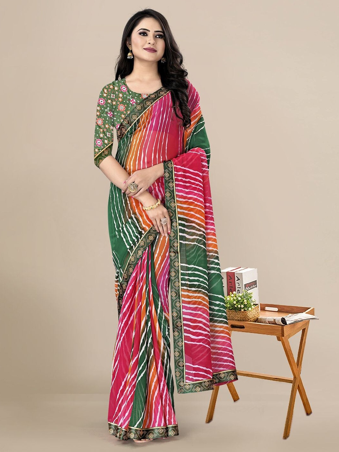 

KALINI Pink & Green Leheriya Pure Georgette Leheriya Saree