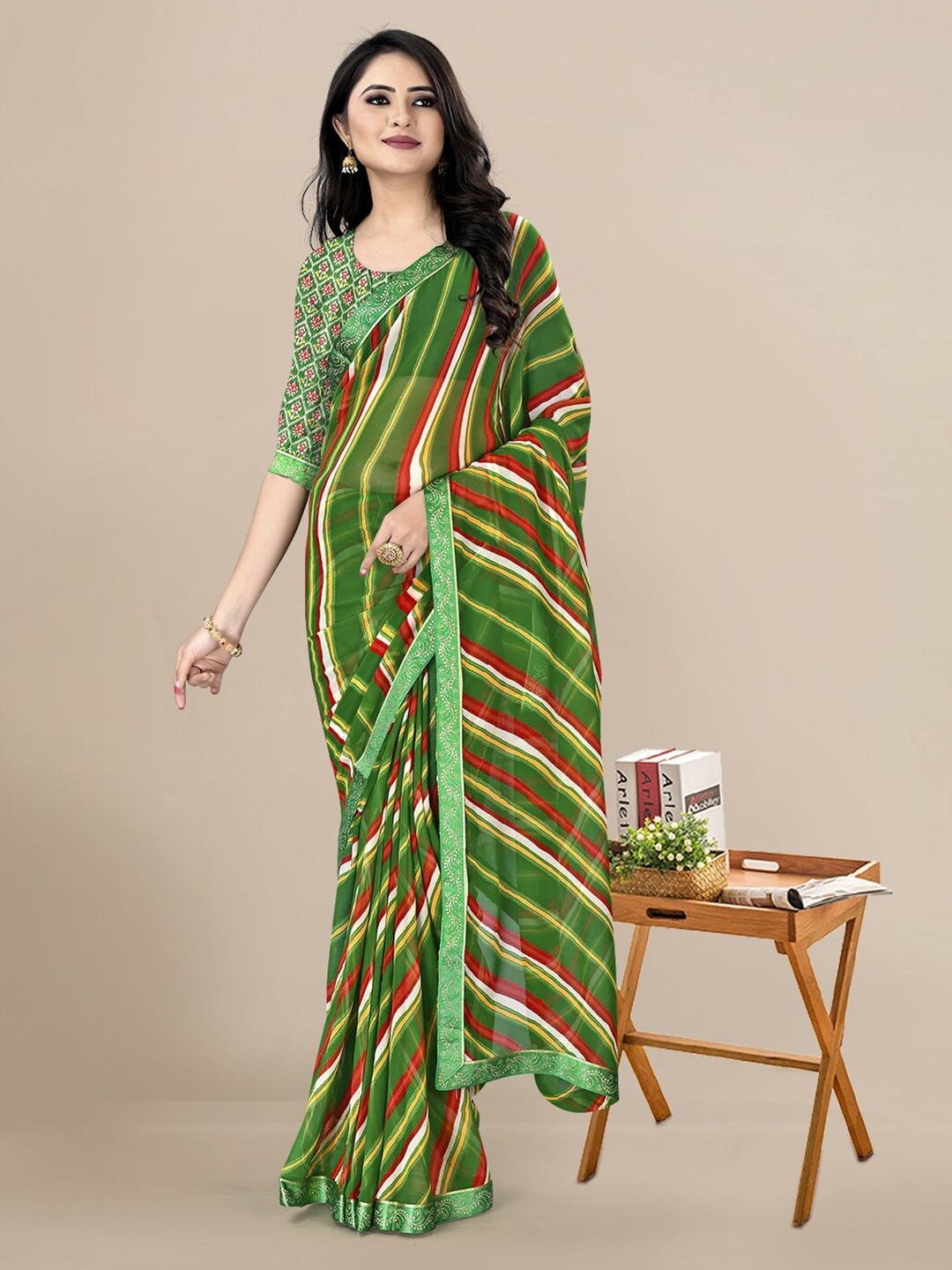 

KALINI Green & Red Leheriya Pure Georgette Leheriya Saree