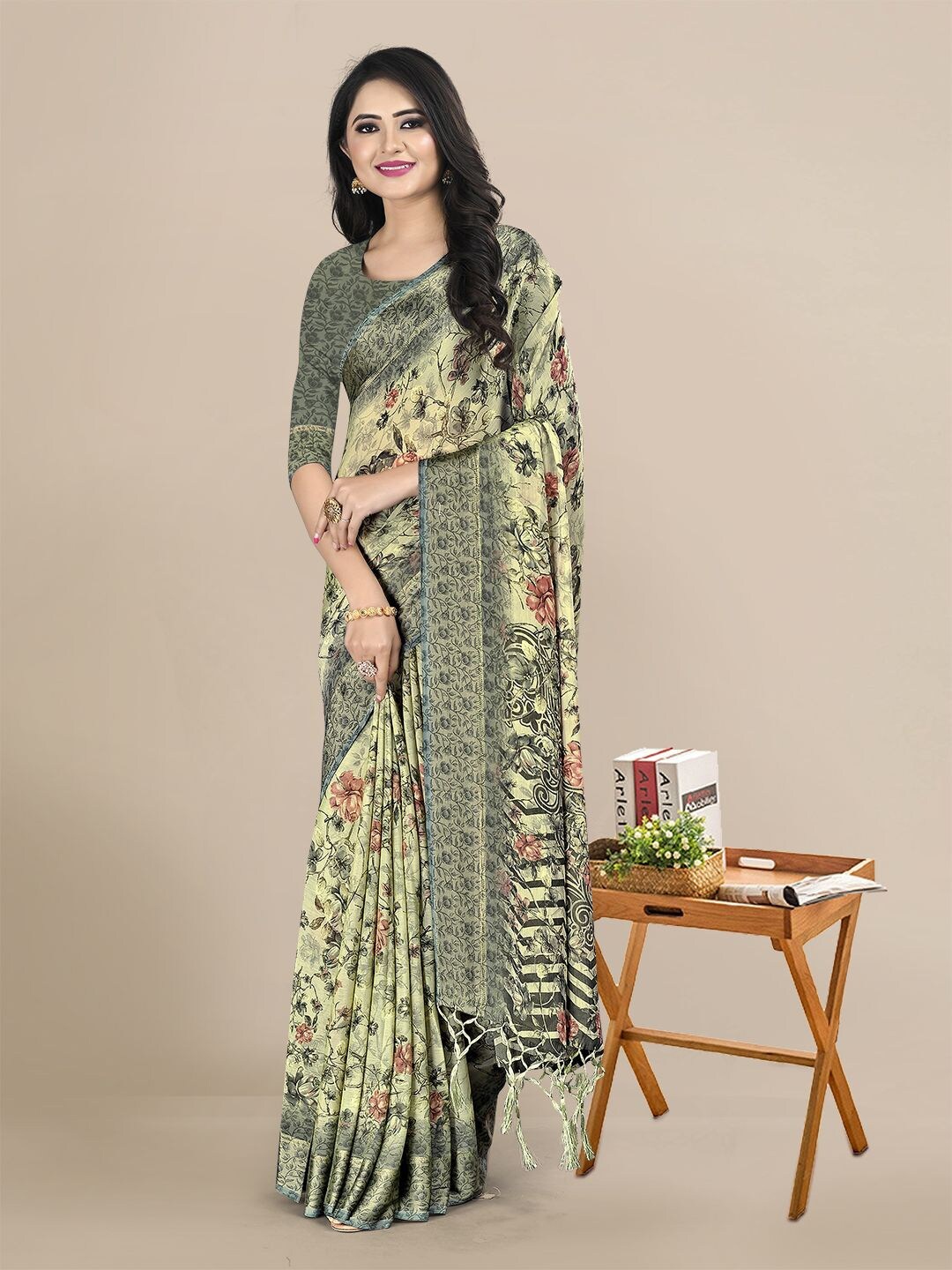 

KALINI Yellow & Grey Floral Pure Chiffon Saree
