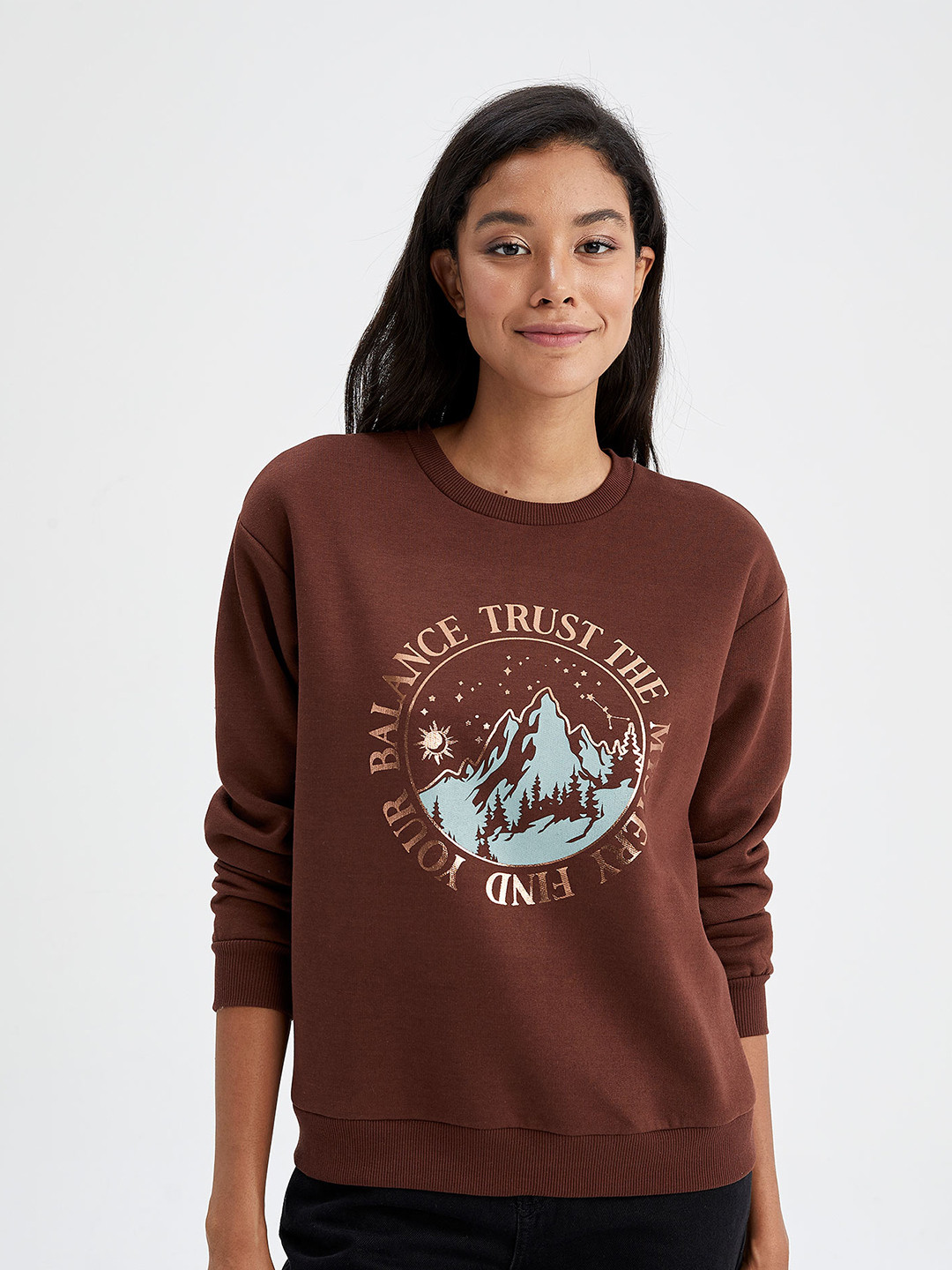 

DeFacto Women Plus SIze Brown Printed Sweatshirt