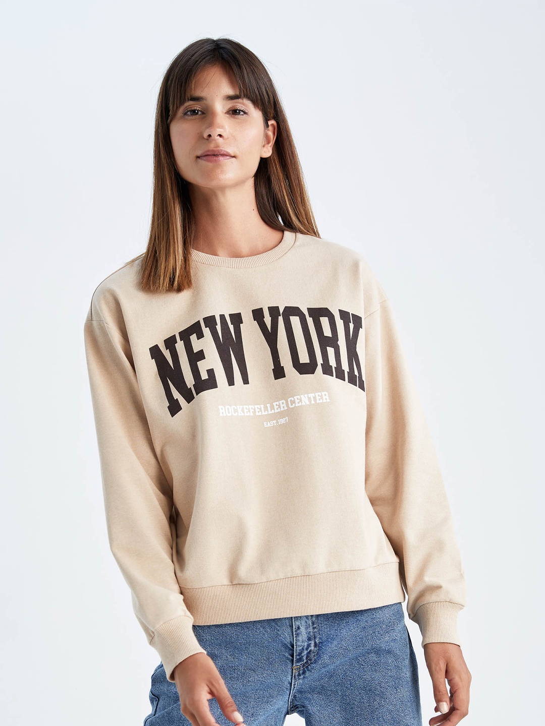 

DeFacto Women Plus Size Beige Printed Sweatshirt