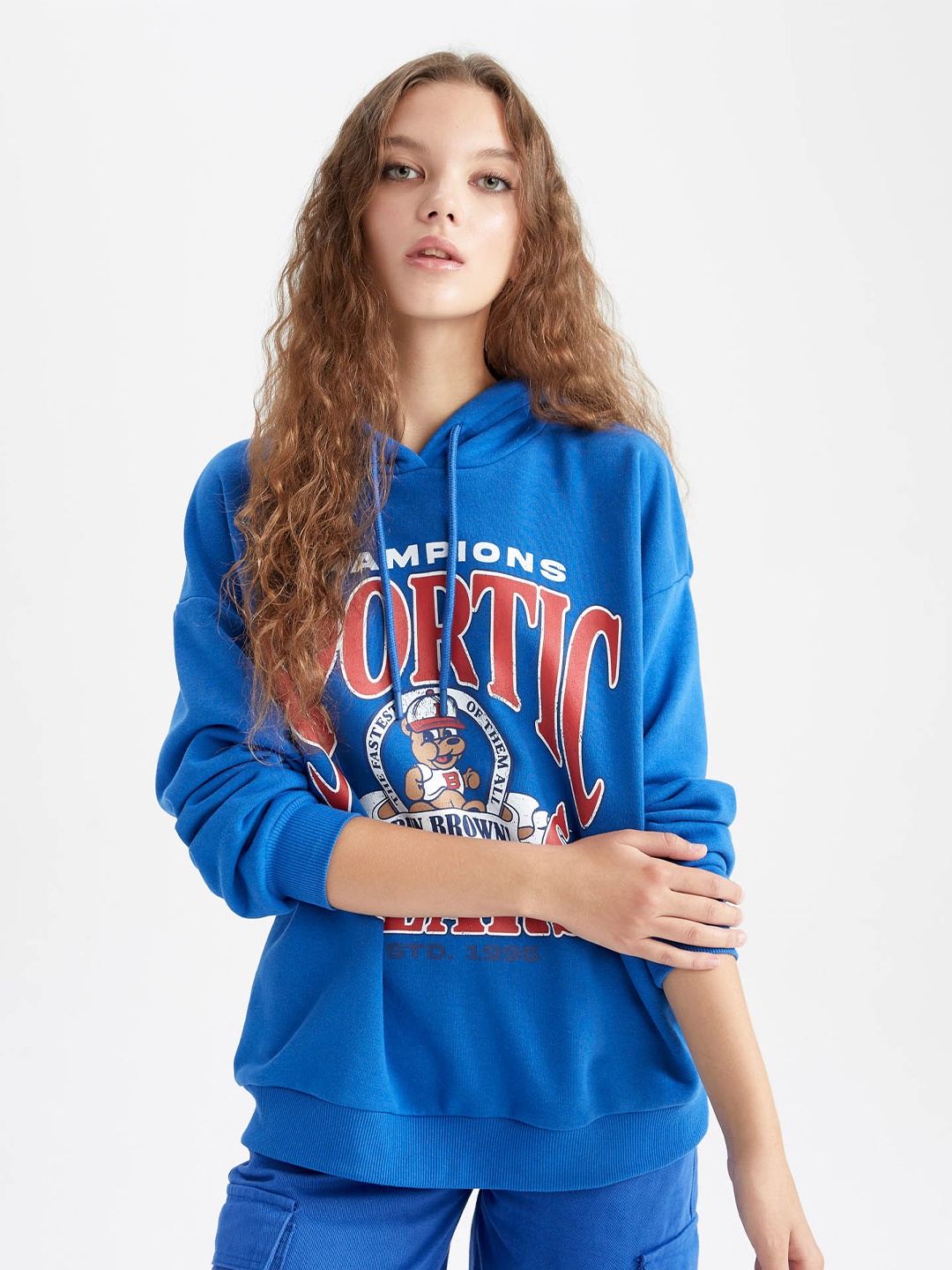 

DeFacto Women Blue & Red Printed Hooded Sweatshirt