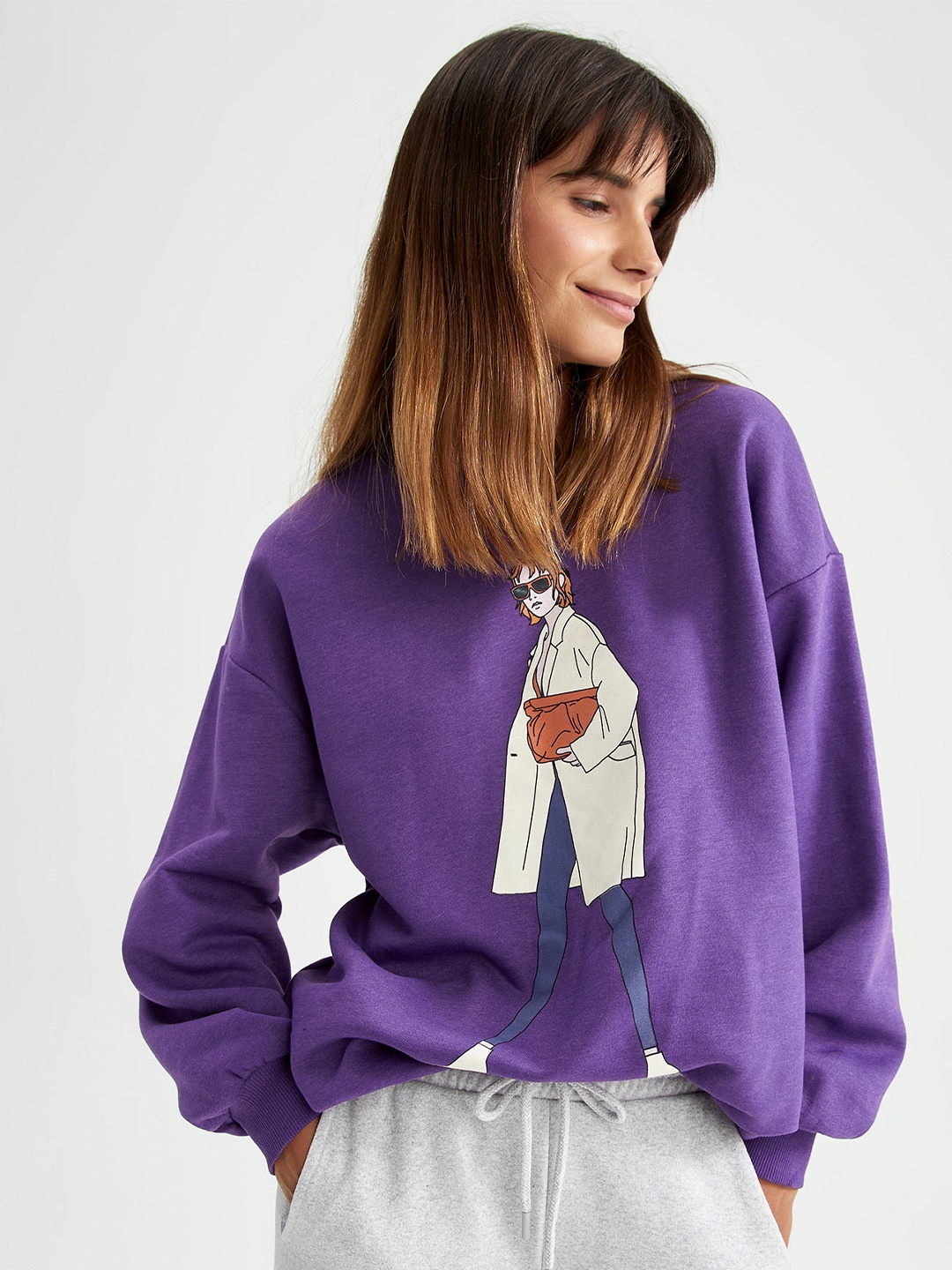 

DeFacto Women Purple Printed Cotton Sweatshirt