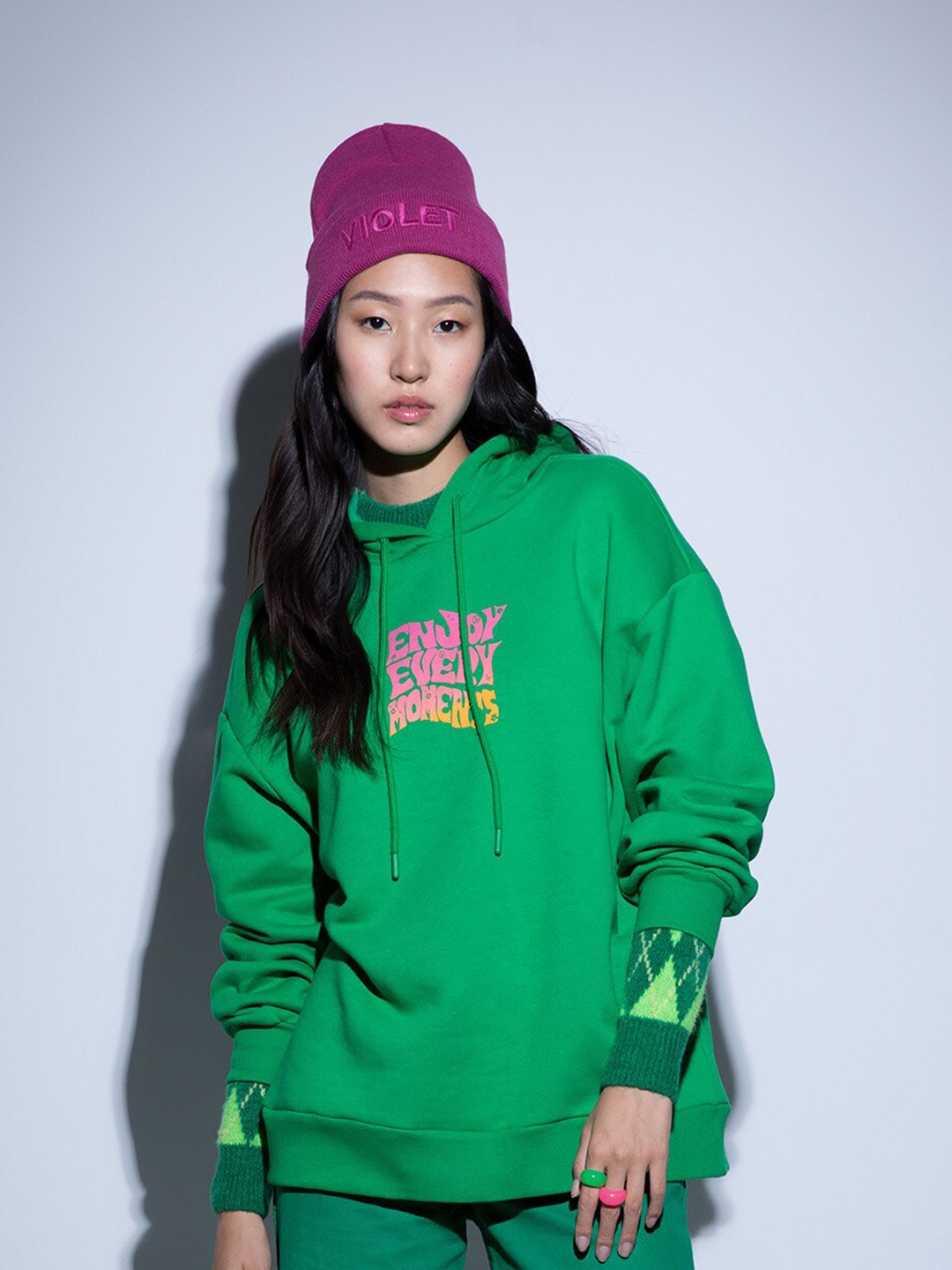 

DeFacto Women Green Printed Hooded Sweatshirt