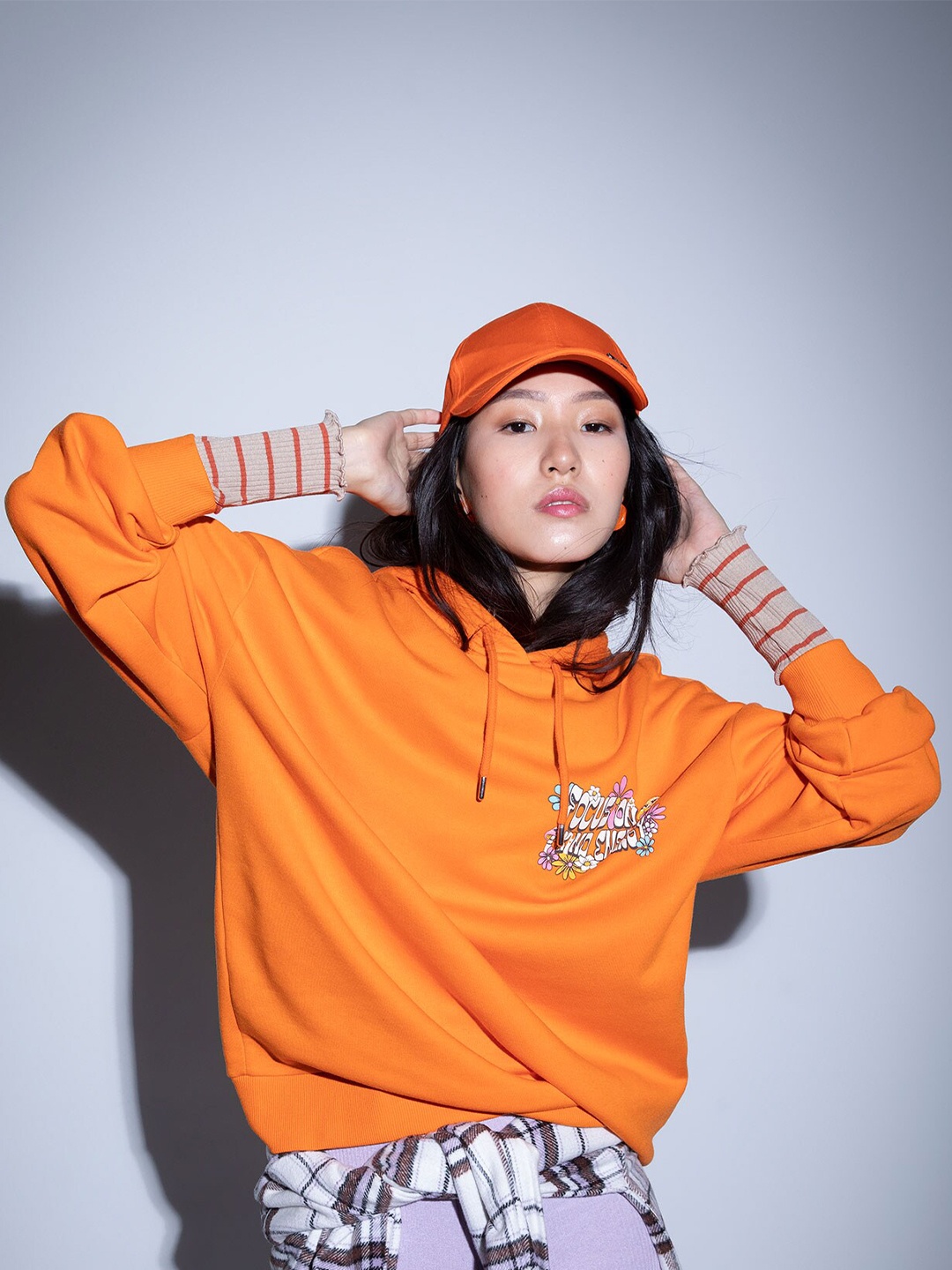 

DeFacto Women Orange Printed Hooded Sweatshirt