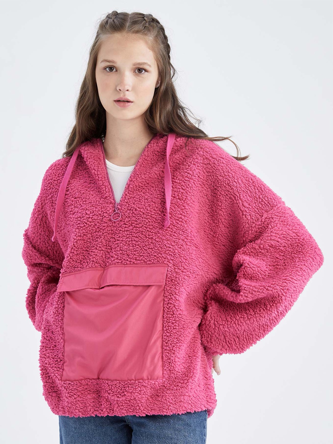 

DeFacto Women Pink Solid Hooded Long Sleeves Cardigan