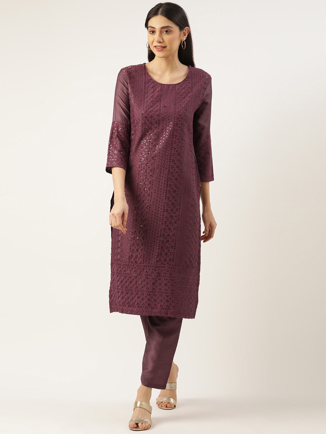

SWAGG INDIA Women Ethnic Motifs Embroidered Kurta with Trousers, Purple