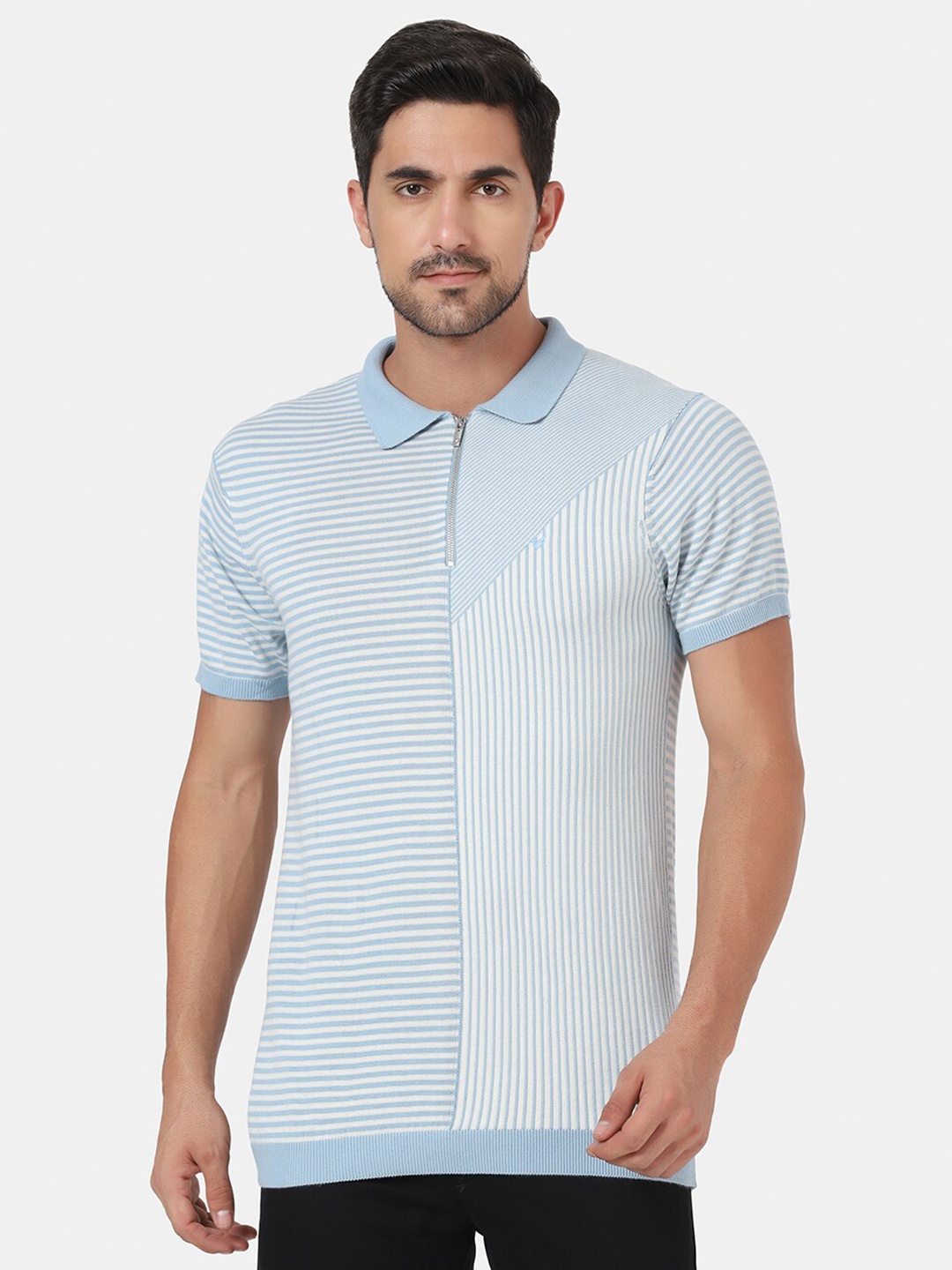 

Blackberrys Men Blue Striped Polo Collar Slim Fit Cotton T-shirt