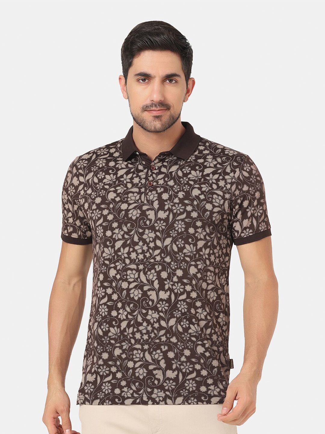 

Blackberrys Men Brown Floral Printed Polo Collar Slim Fit Cotton T-shirt