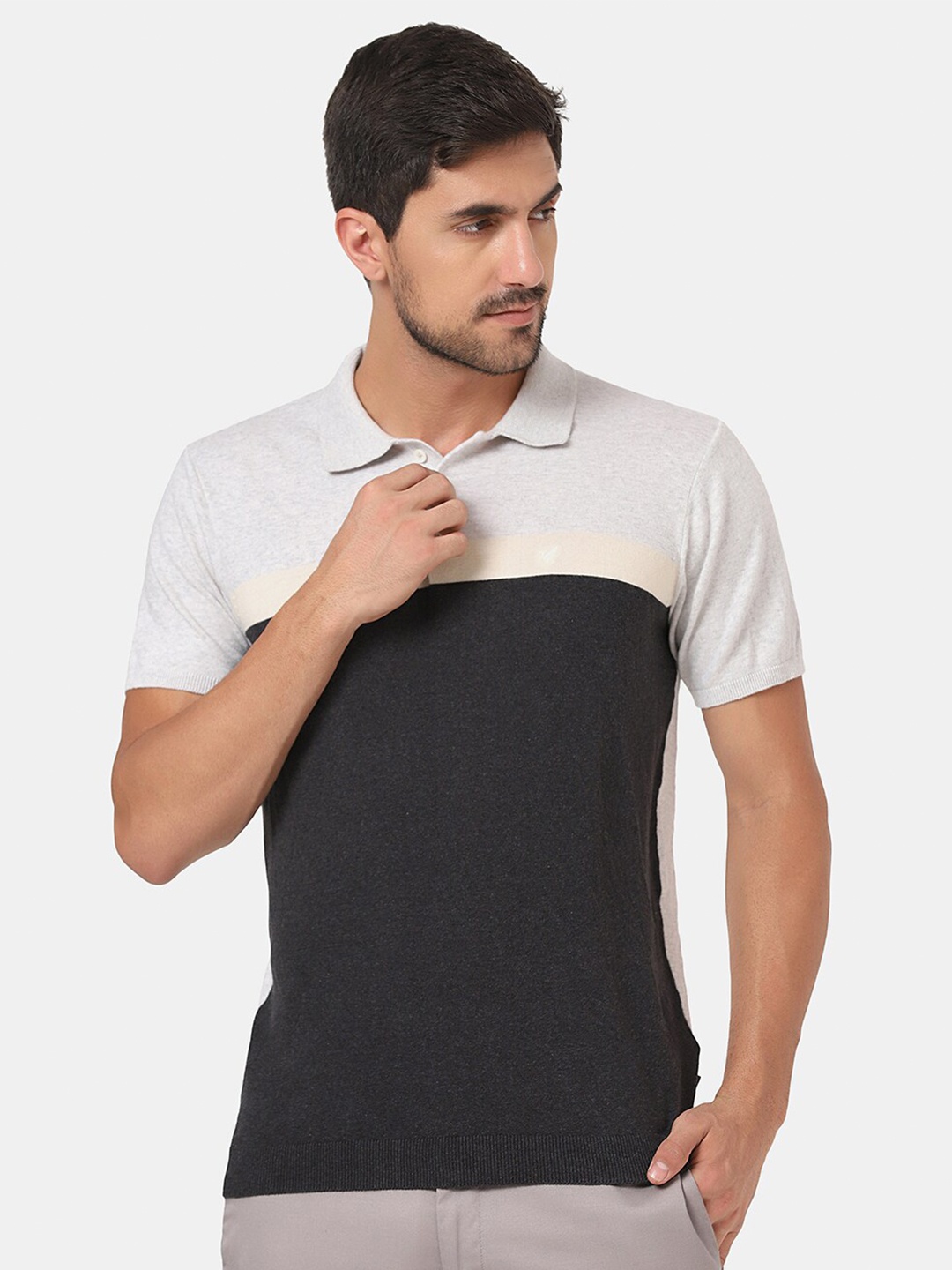 

Blackberrys Men Grey Colourblocked Polo Collar Slim Fit T-shirt