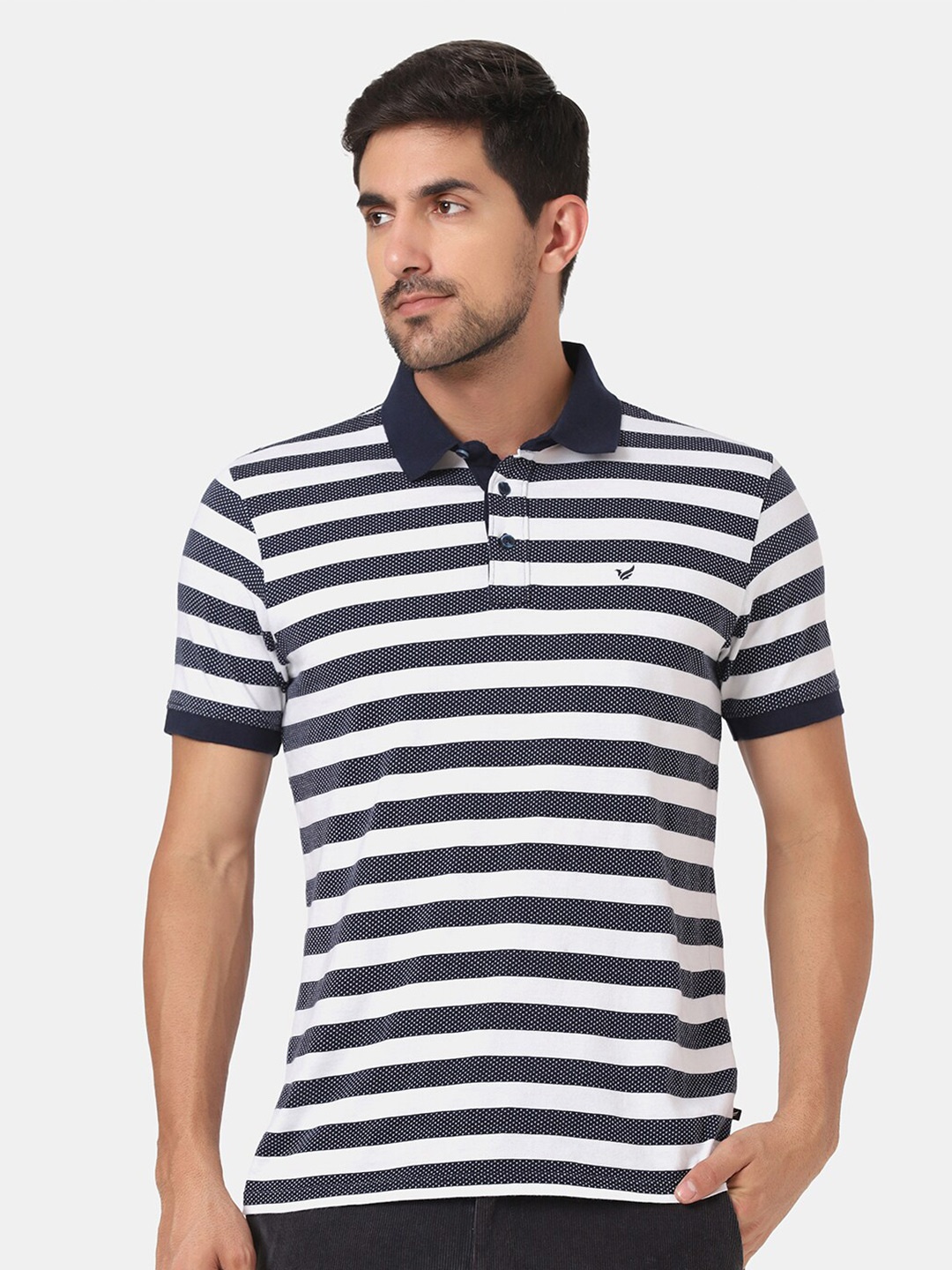 

Blackberrys Men Navy Blue & White Striped Polo Collar Slim Fit Cotton T-shirt