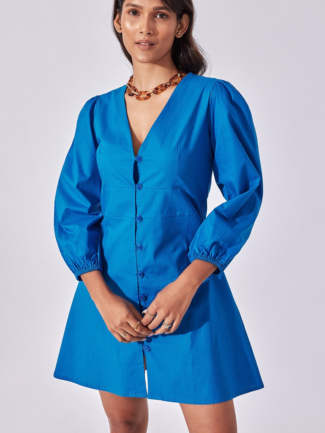 

The Label Life Women Blue V Neck Shirt Dress