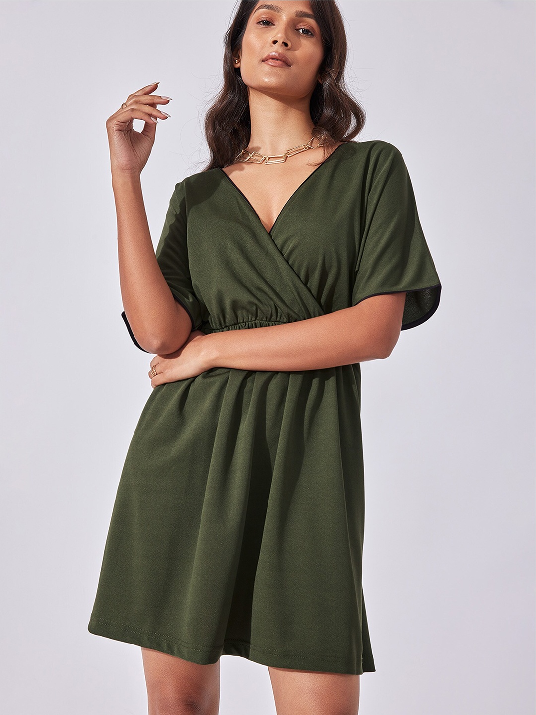 

The Label Life Women Olive Green Crepe Wrap Dress