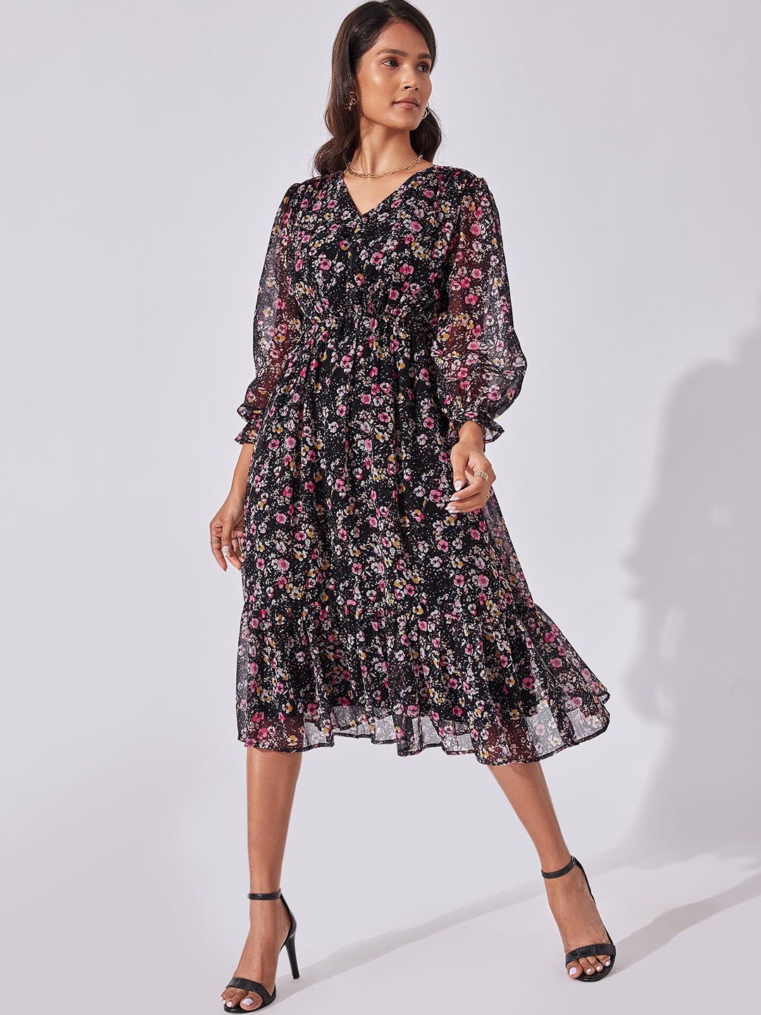 

The Label Life Women Black Floral Georgette Midi Dress