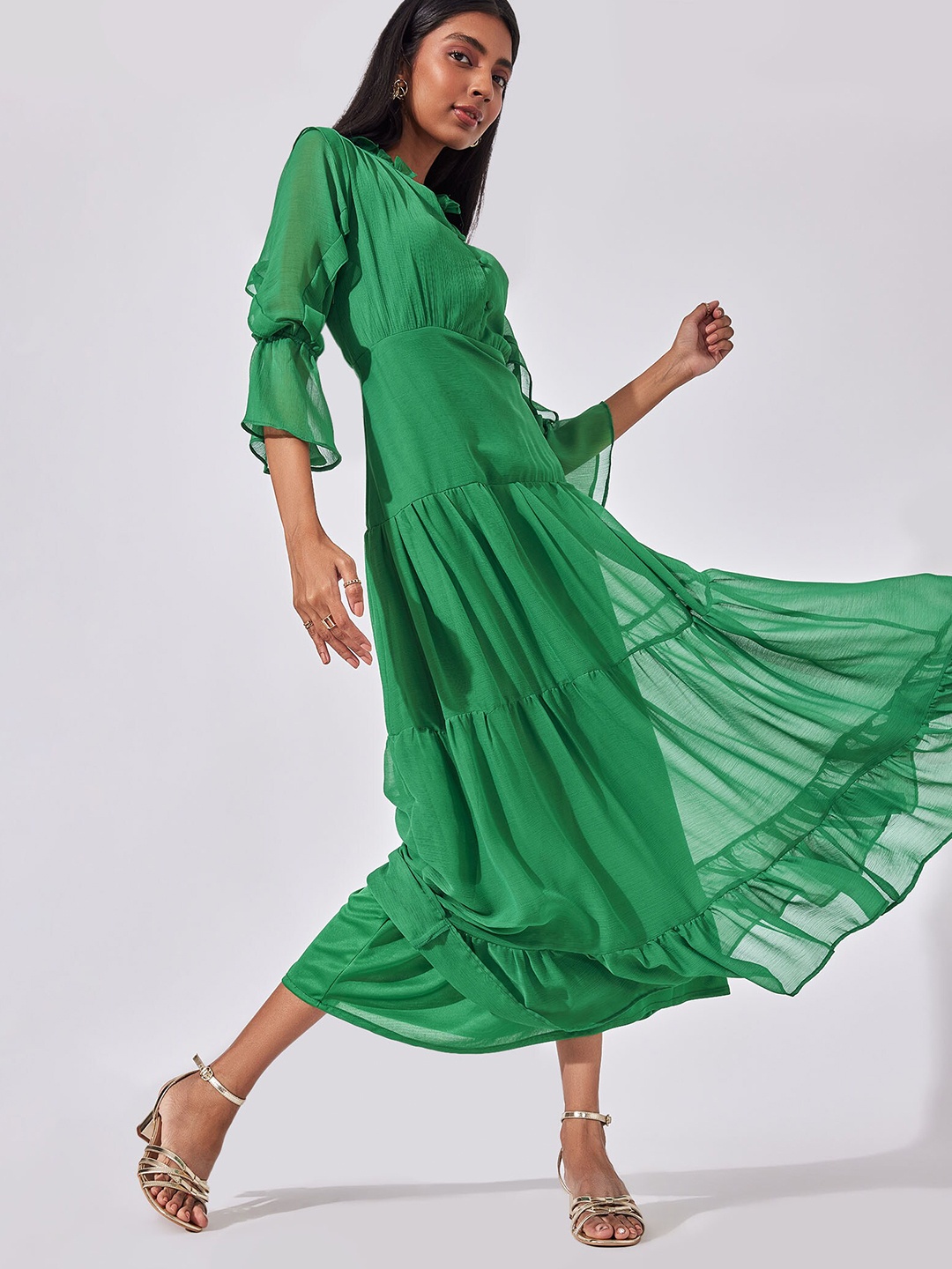 

The Label Life Women Green Ruffle Georgette Maxi Dress