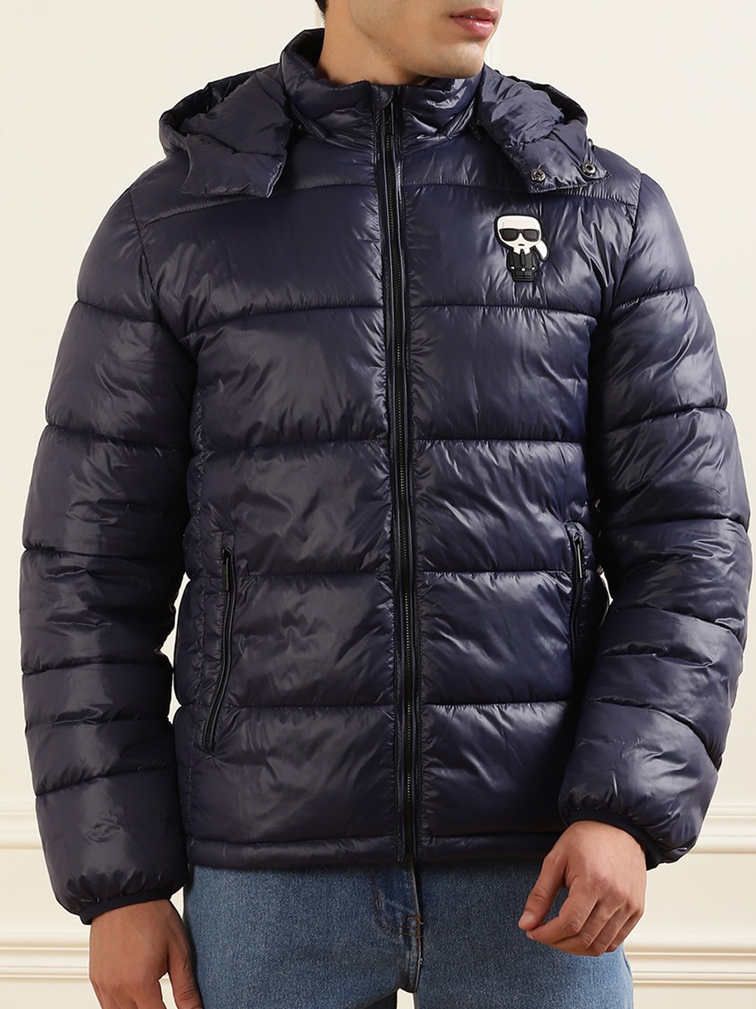 

Karl Lagerfeld Men Navy Blue Hooded Puffer Jacket