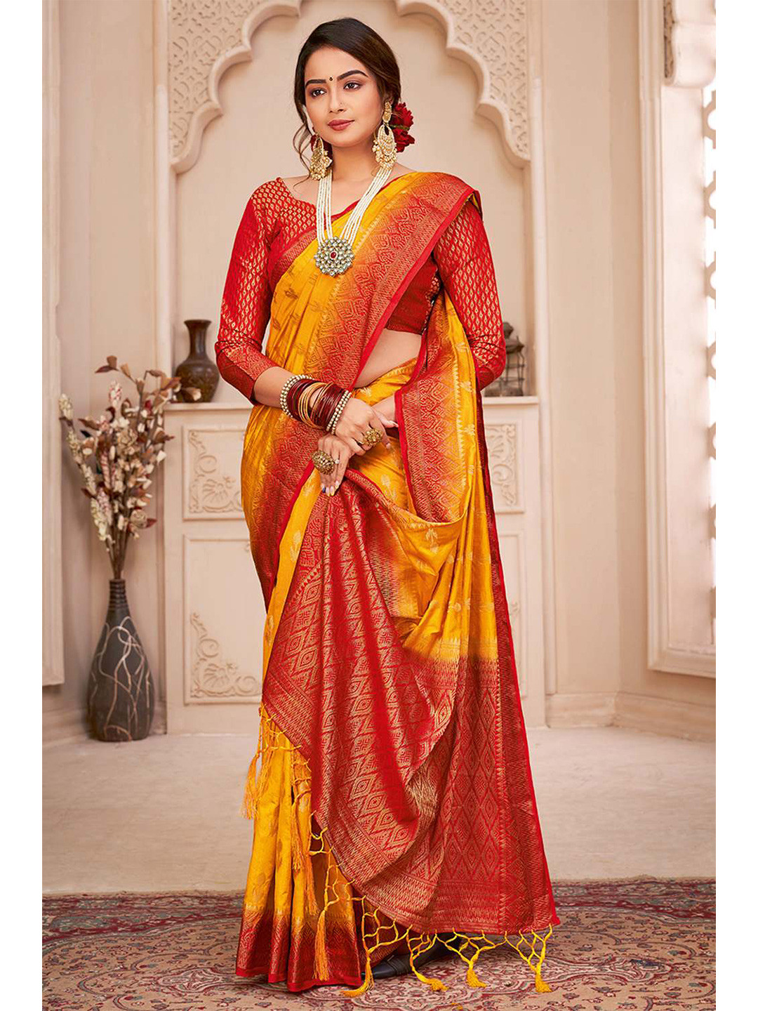 

KARAGIRI Yellow & Red Ethnic Motifs Zari Art Silk Banarasi Saree