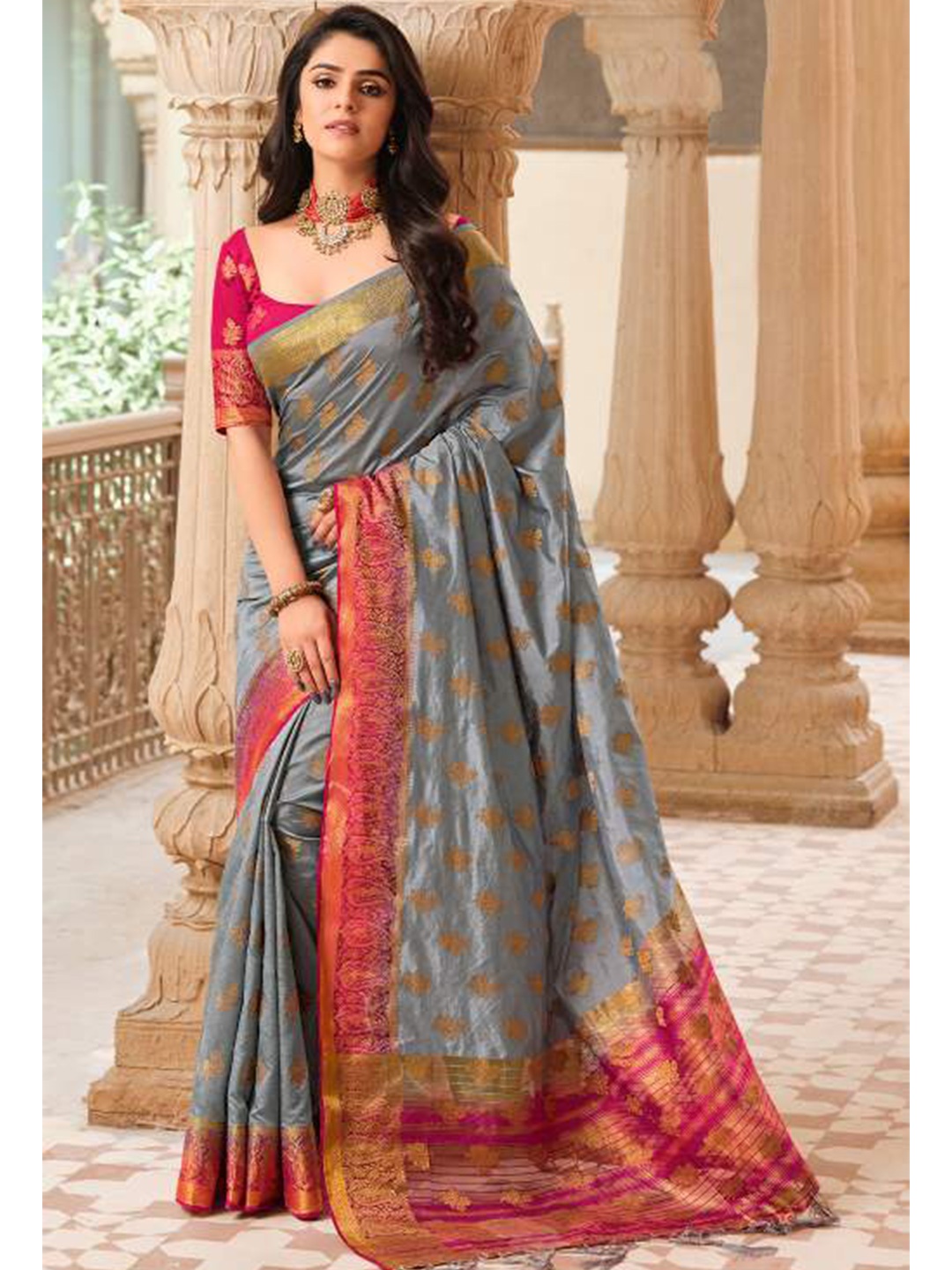 

KARAGIRI Grey & Pink Woven Design Zari Art Silk Banarasi Saree