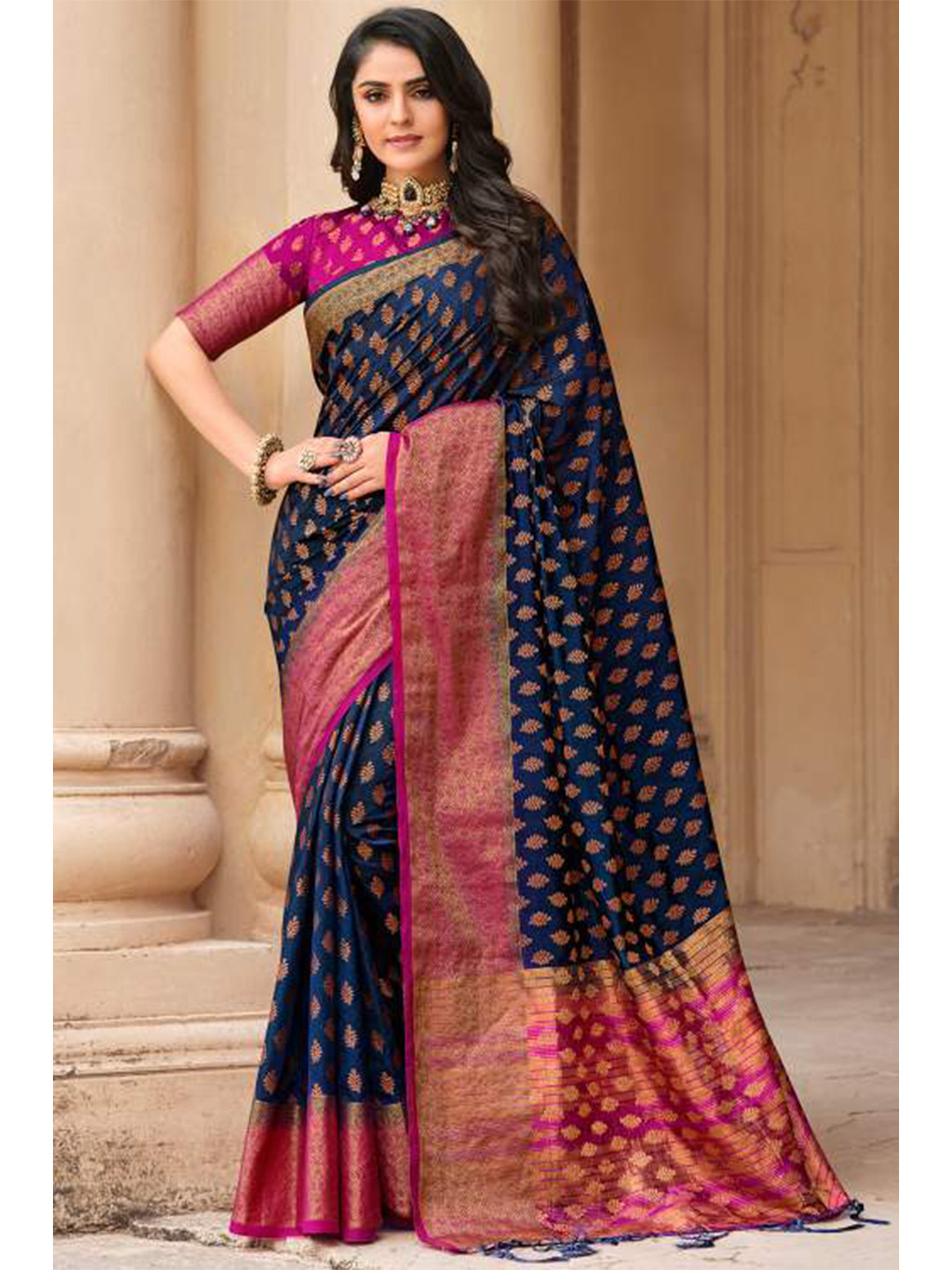 

KARAGIRI Blue & Pink Woven Design Zari Art Silk Saree