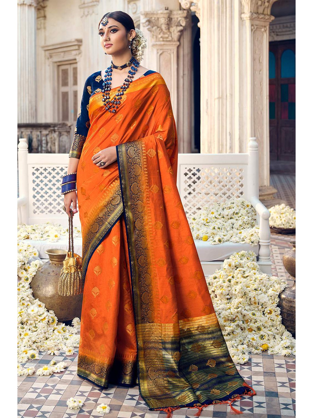 

KARAGIRI Orange & Blue Ethnic Motifs Zari Banarasi Saree