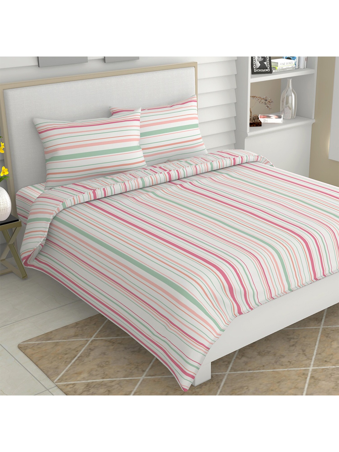 

haus & kinder White & Pink Striped 186 TC King Bedsheet with 2 Pillow Covers