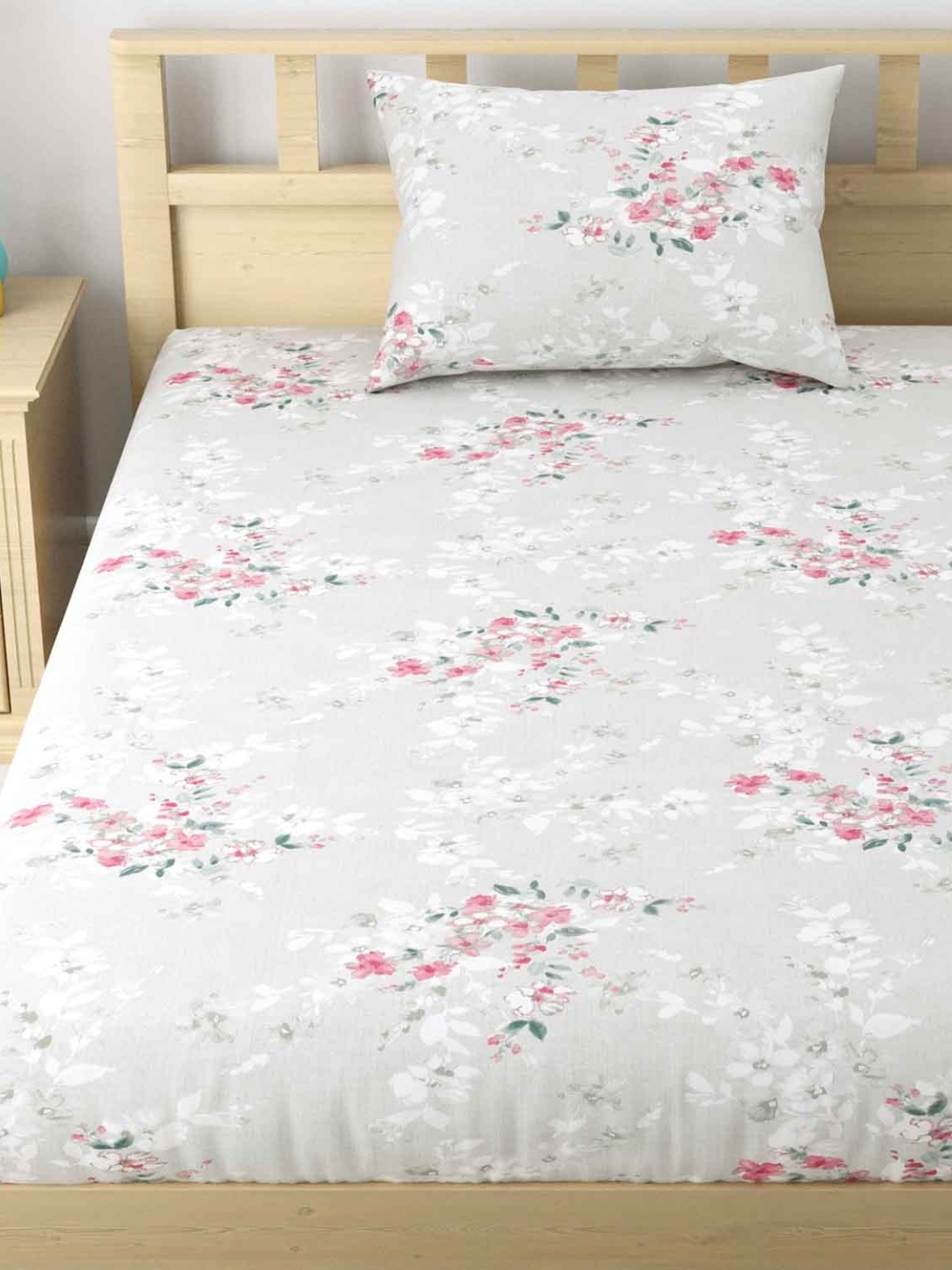 

haus & kinder Grey & White Floral 186 TC Cotton Single Bedsheet with 1 Pillow Covers