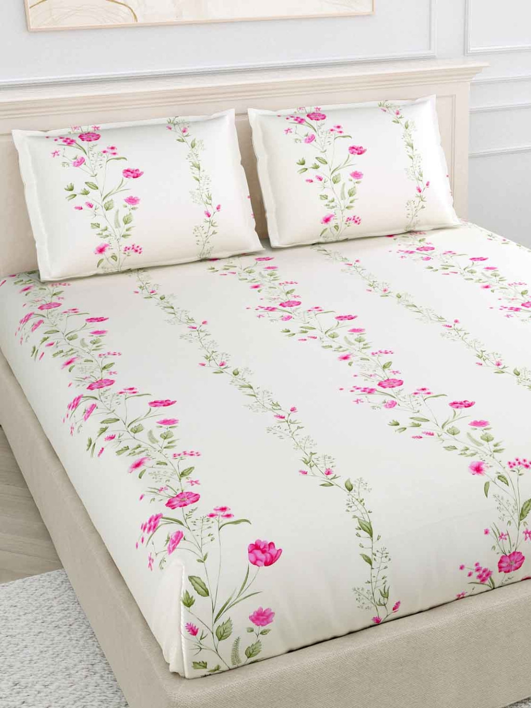 

haus & kinder White & Pink Floral 120 TC Queen Pure Cotton Bedsheet with 2 Pillow Covers