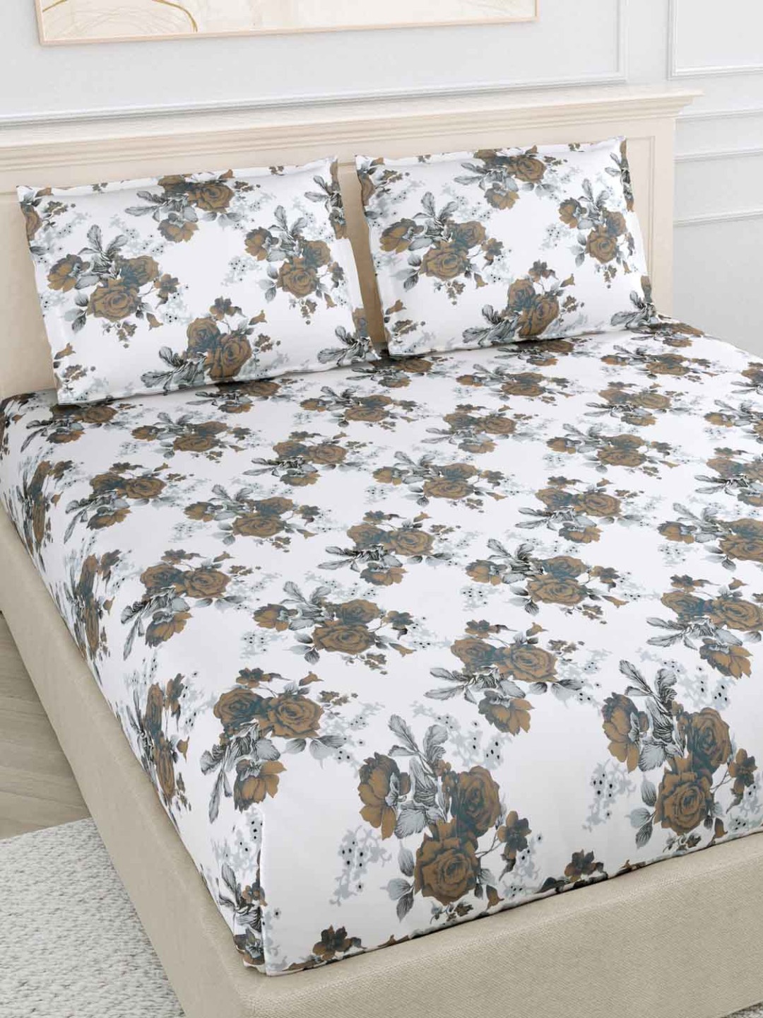 

haus & kinder White & Brown Floral 144 TC Queen Cotton Bedsheet with 2 Pillow Covers